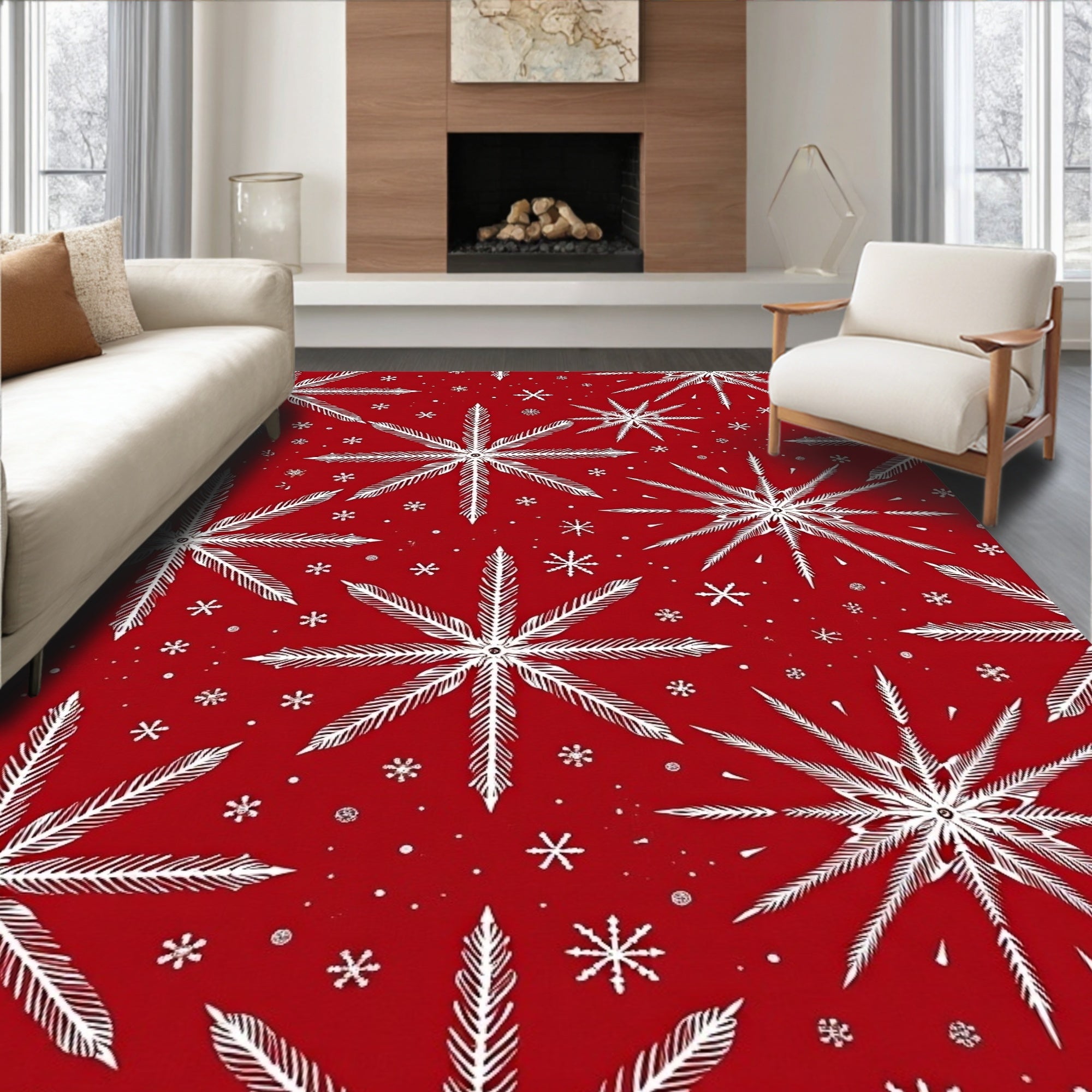 Vibrant Red White Snowflake Medley Rug