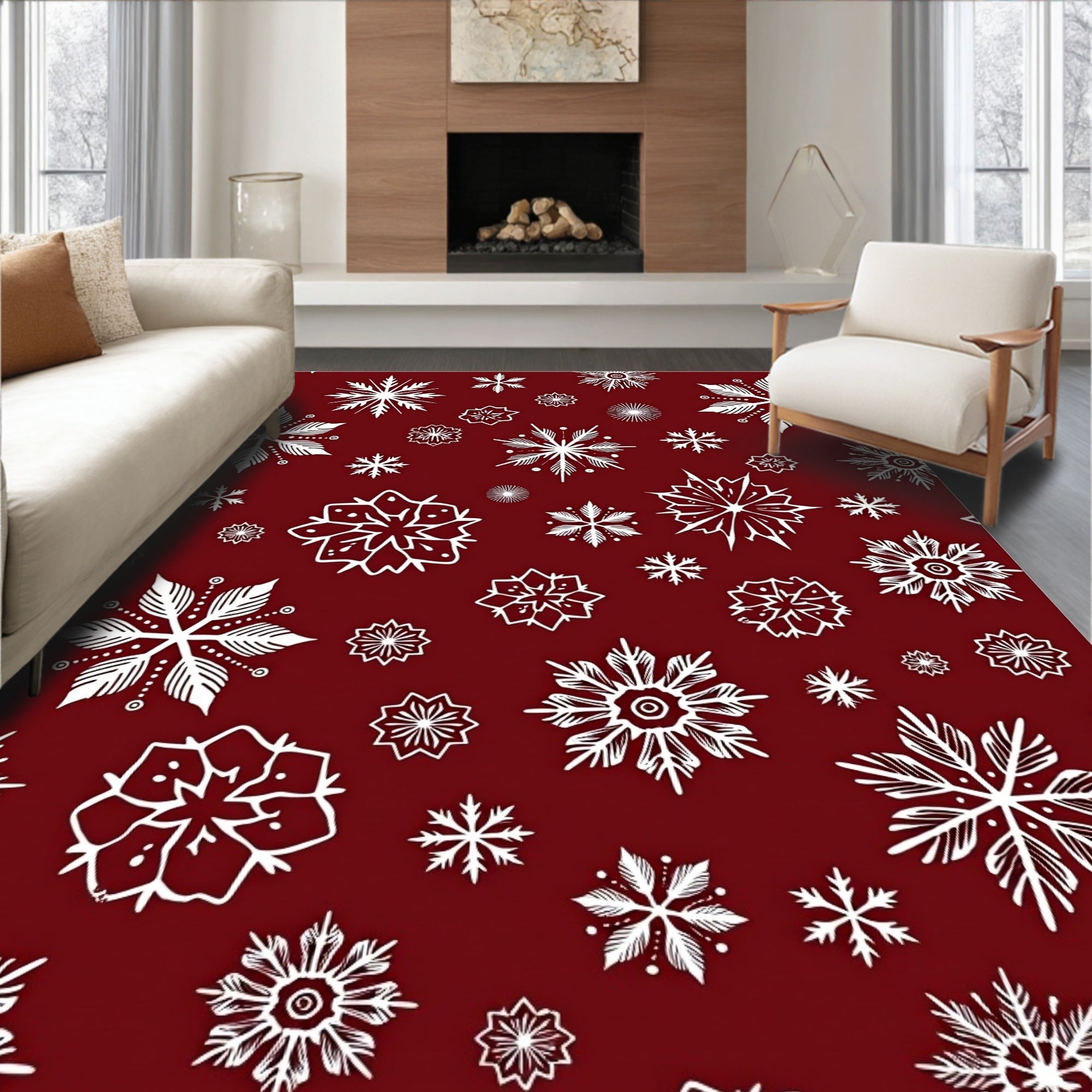 Crimson White Snowflake Collage Rug