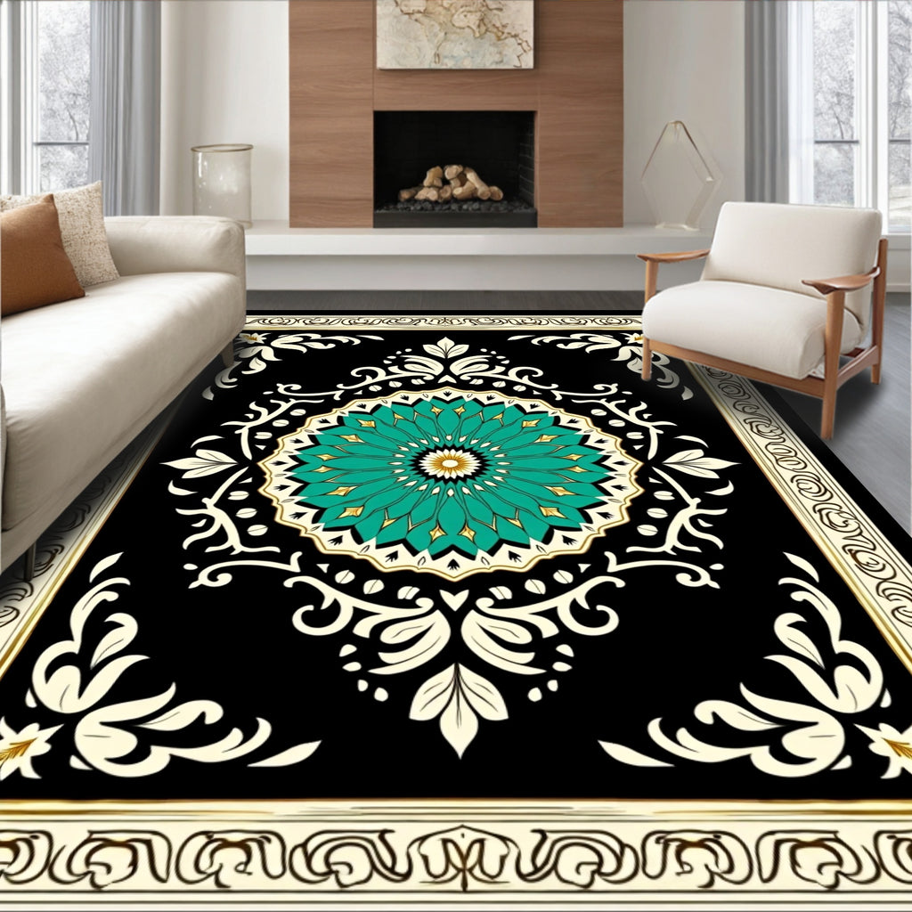Black Teal Floral Medallion Oriental Rug