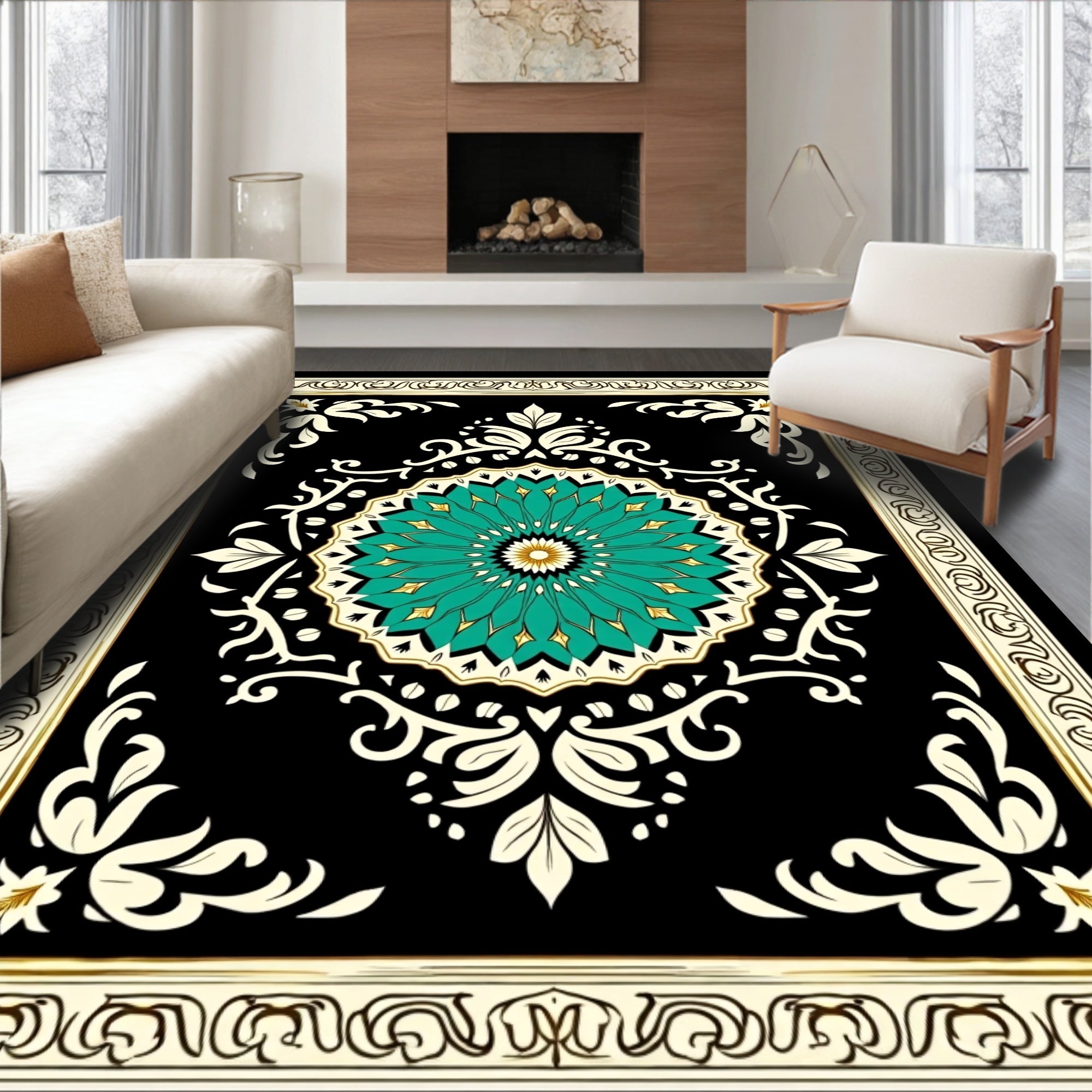 Black Teal Floral Medallion Oriental Rug