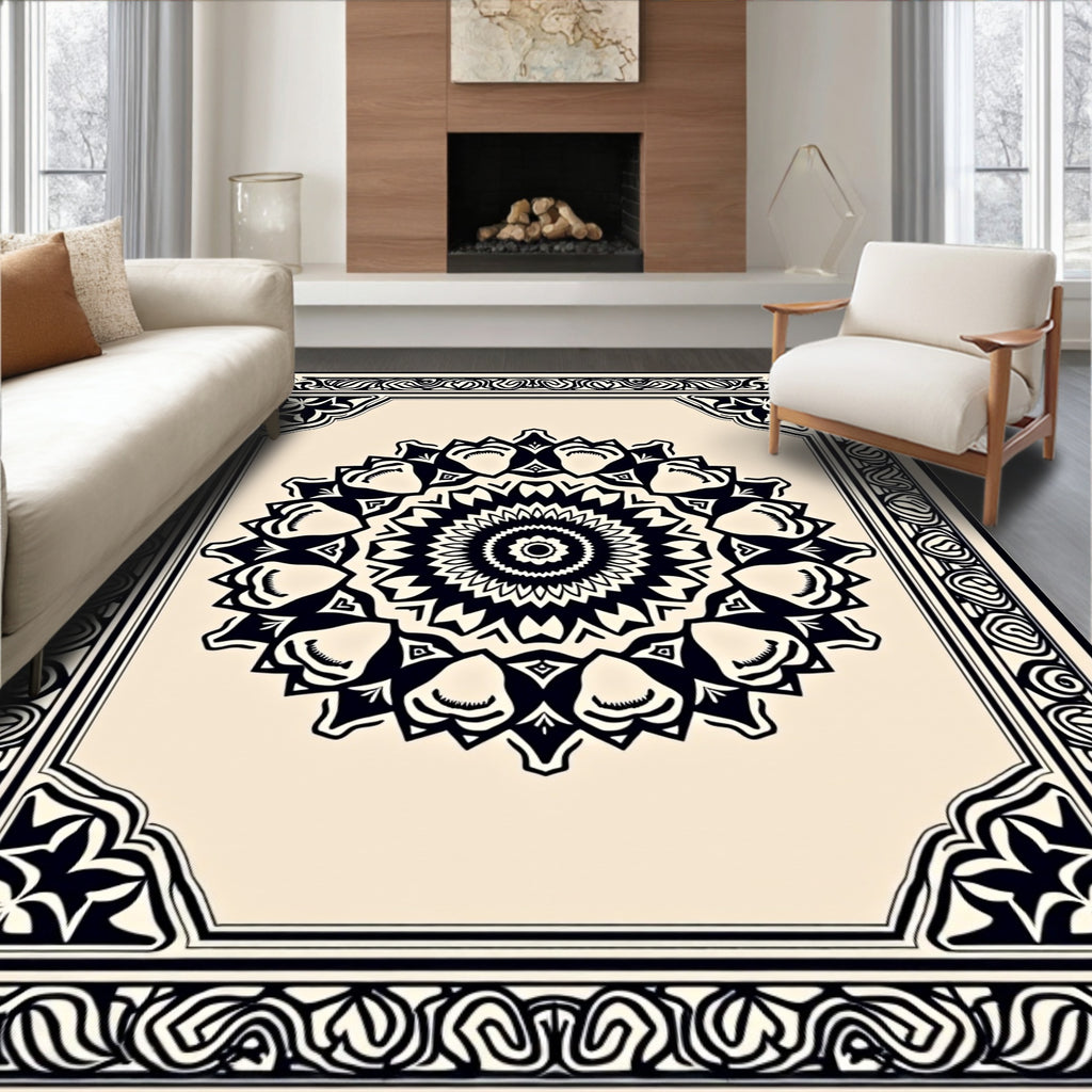 Cream and Black Intricate Mandala Frame Rug