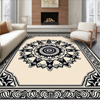 Cream and Black Intricate Mandala Frame Rug