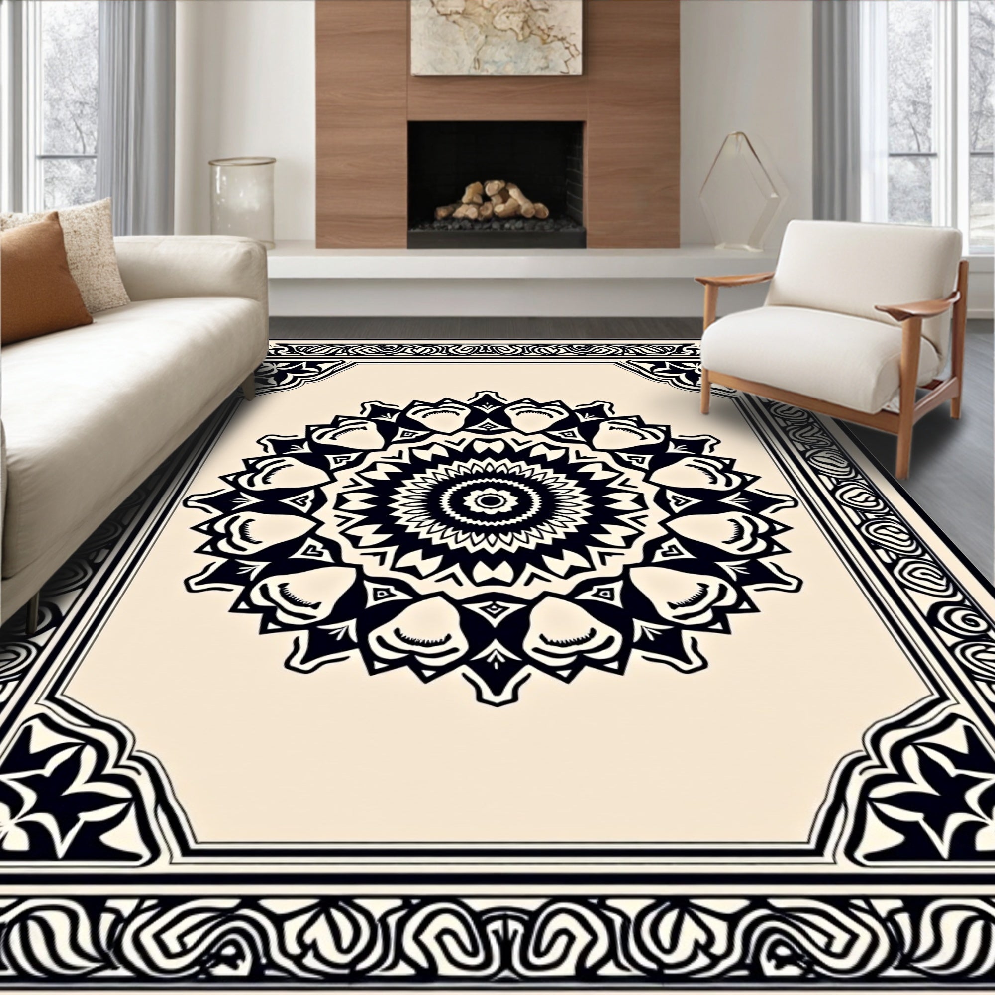 Cream and Black Intricate Mandala Frame Rug