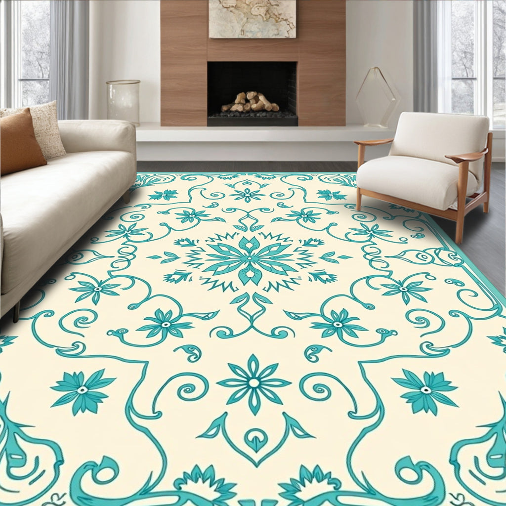 Teal Floral Scroll Medallion Rug