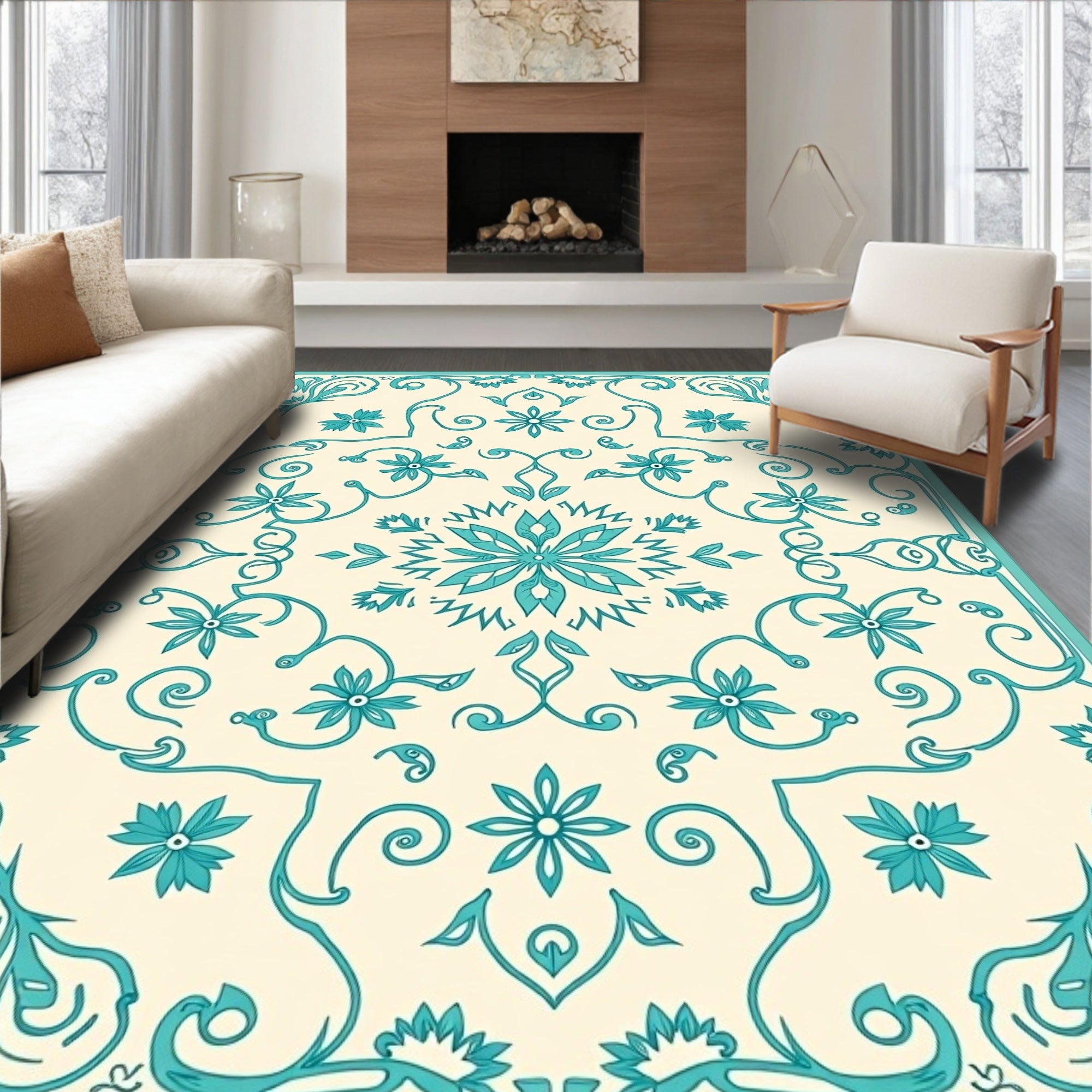 Teal Floral Scroll Medallion Rug