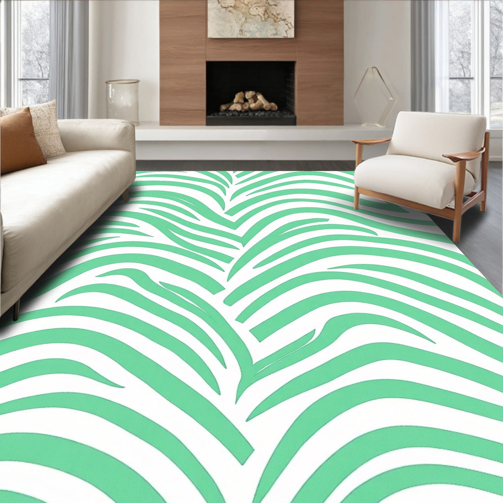 Mint Green Tropical Leaf Stripes Rug