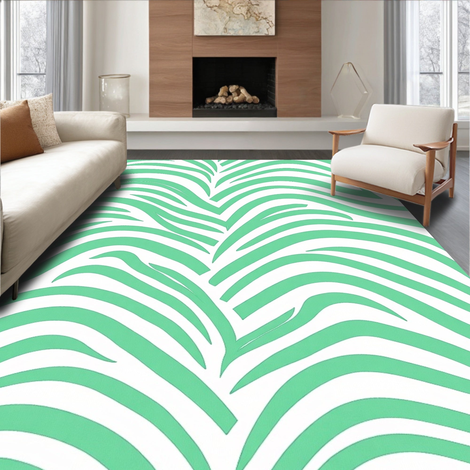 Mint Green Tropical Leaf Stripes Rug
