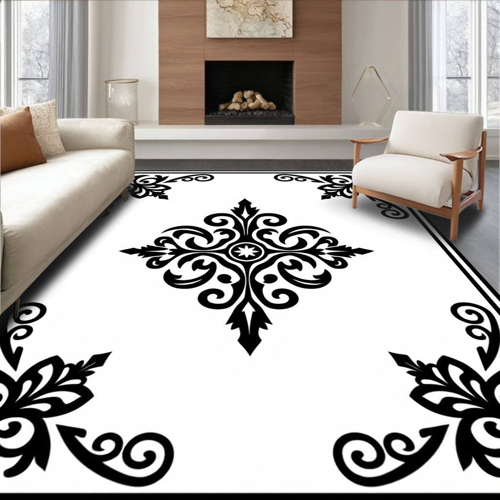 Black and White Floral Scroll Medallion Rug