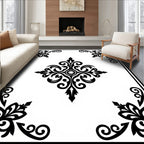 Black and White Floral Scroll Medallion Rug