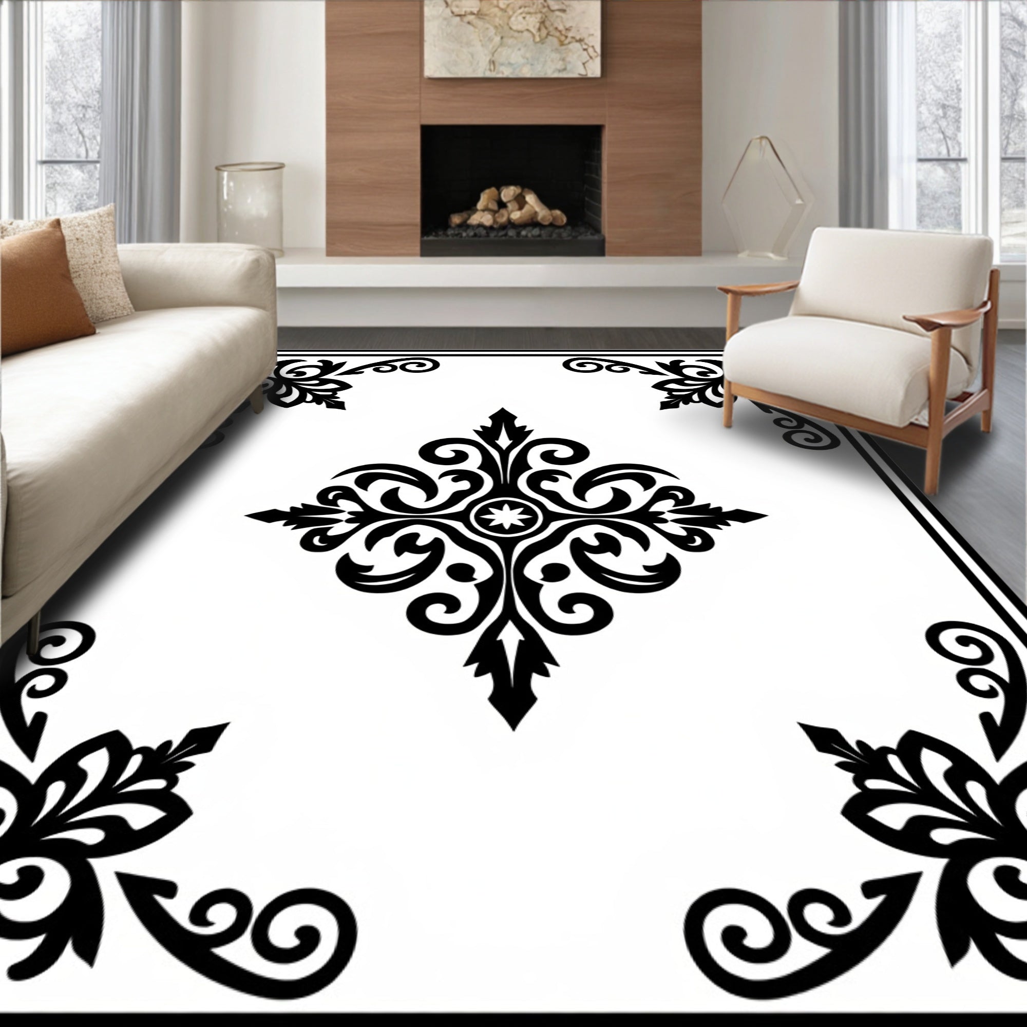 Black and White Floral Scroll Medallion Rug