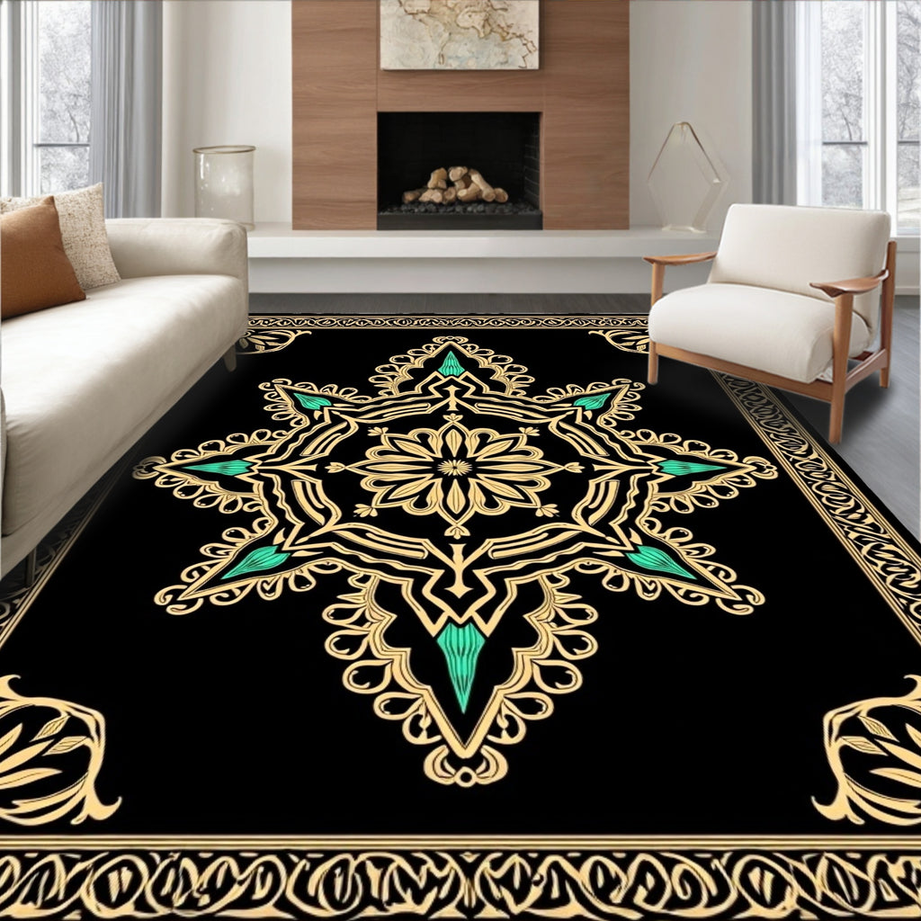 Black Gold Teal Starburst Medallion Rug