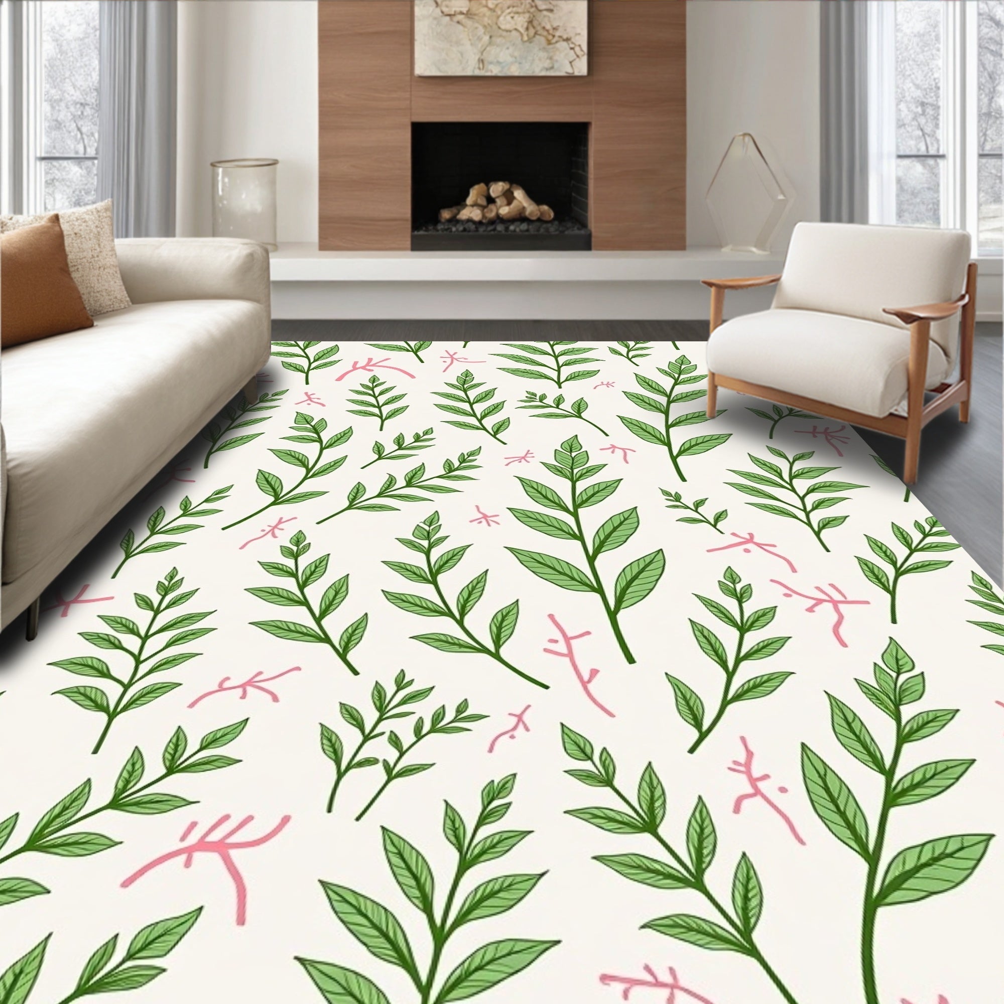 Green Leaf Branches with Pink Accents Rug