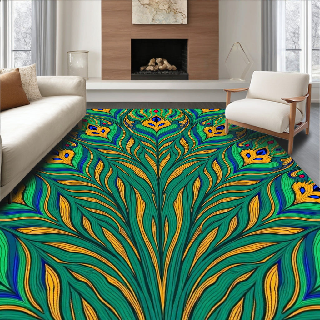 Emerald Peacock Feather Jewel Burst Rug