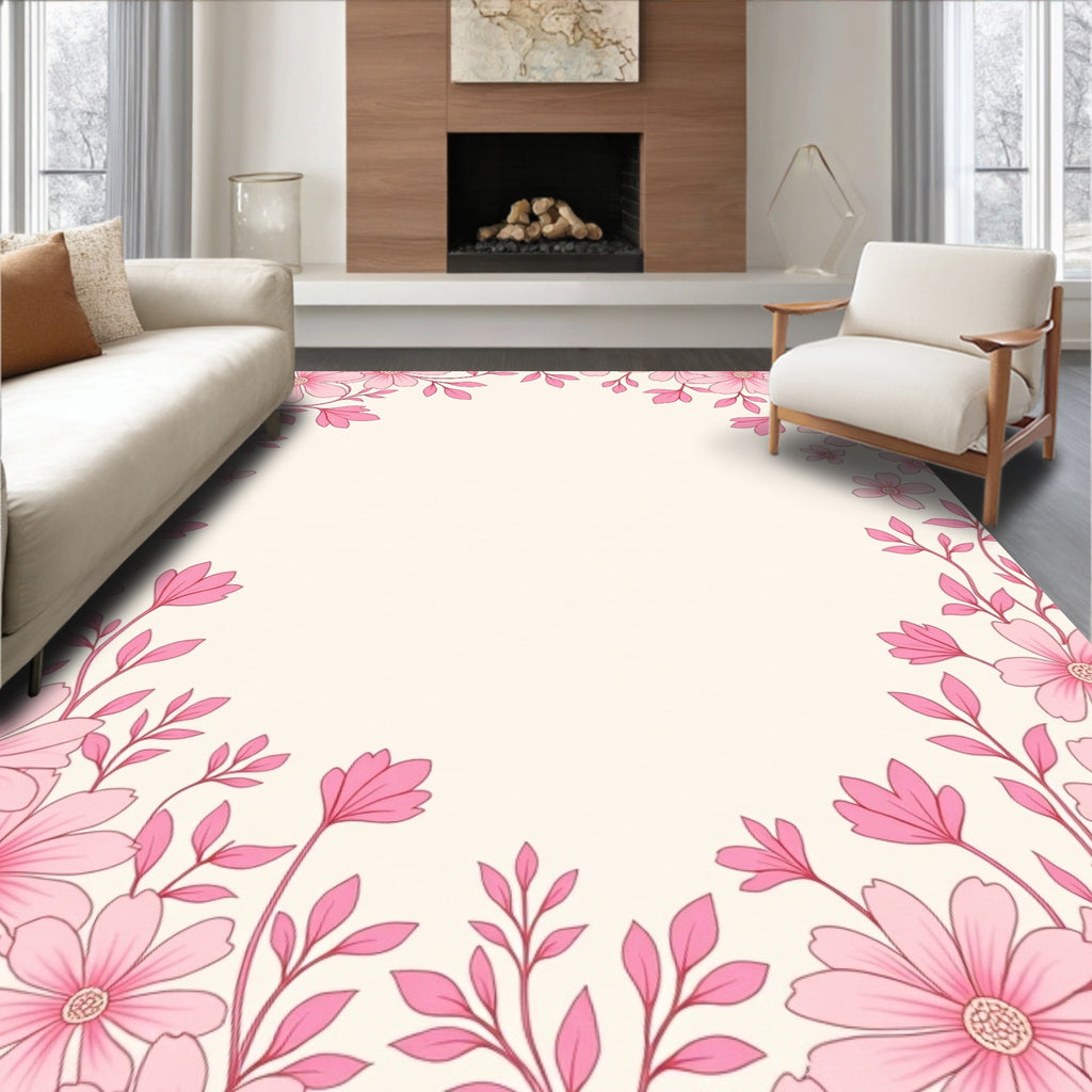 Pink Floral Vine Border Rug
