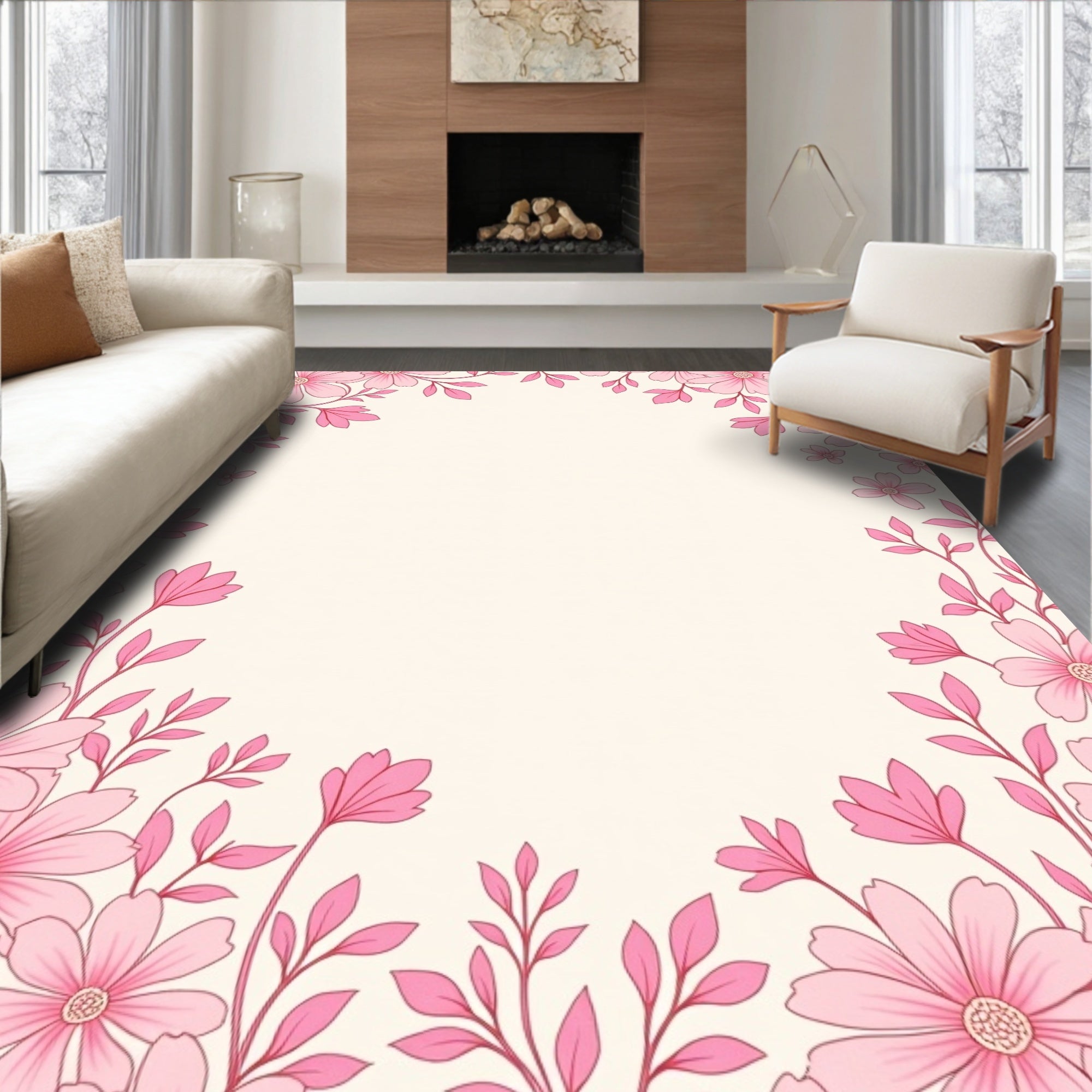 Pink Floral Vine Border Rug