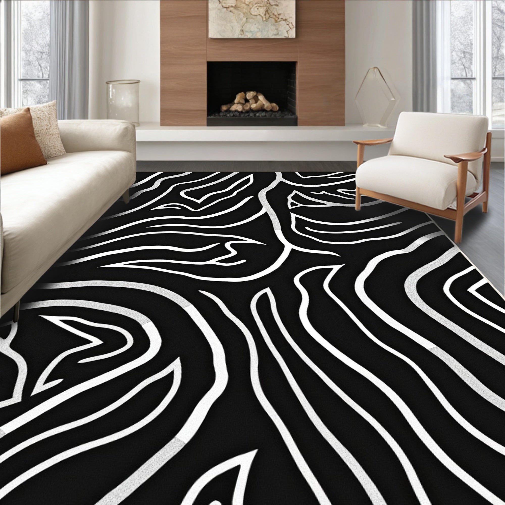 Bold Black White Wavy Lines Rug
