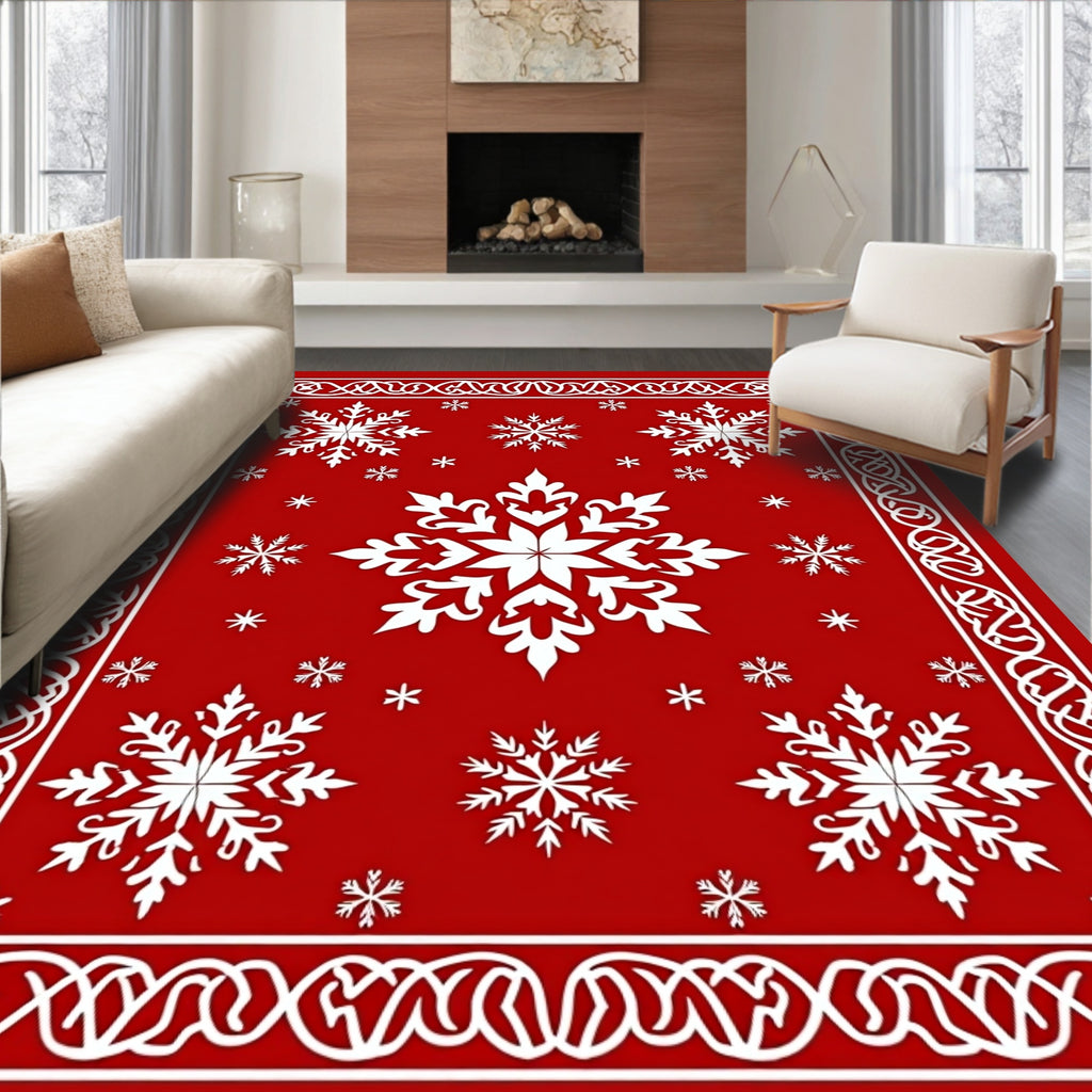 Crimson White Snowflake Border Medallion Rug