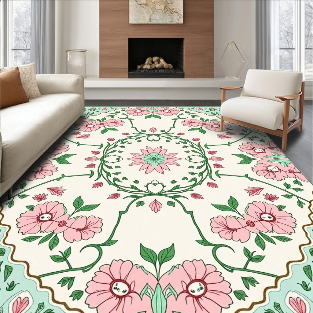 Pink Floral Garden With Green Vines Rug