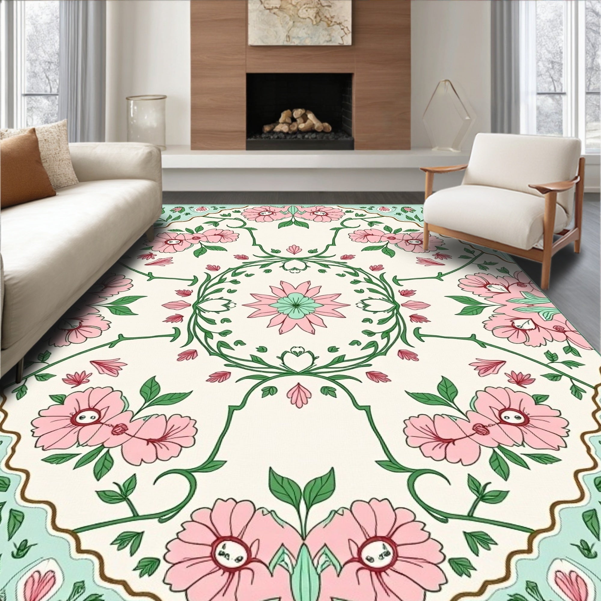 Pink Floral Garden With Green Vines Rug