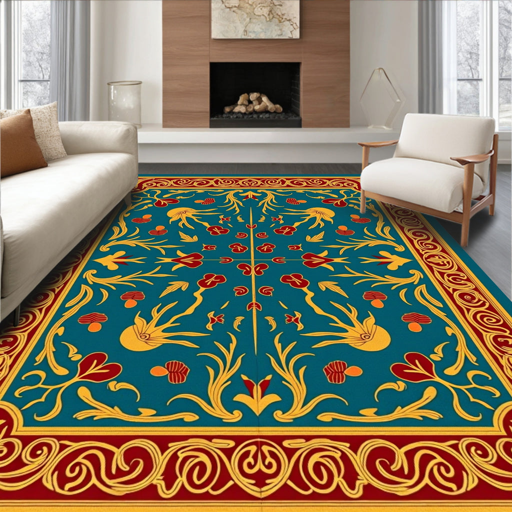 Grand Teal Red Golden Floral Ornament Rug