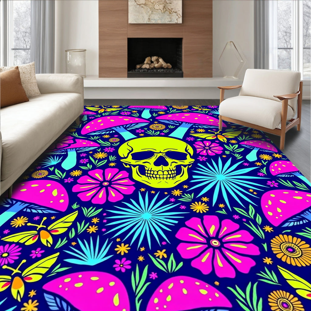 Psychedelic Skull Mushroom Butterfly Floral Rug