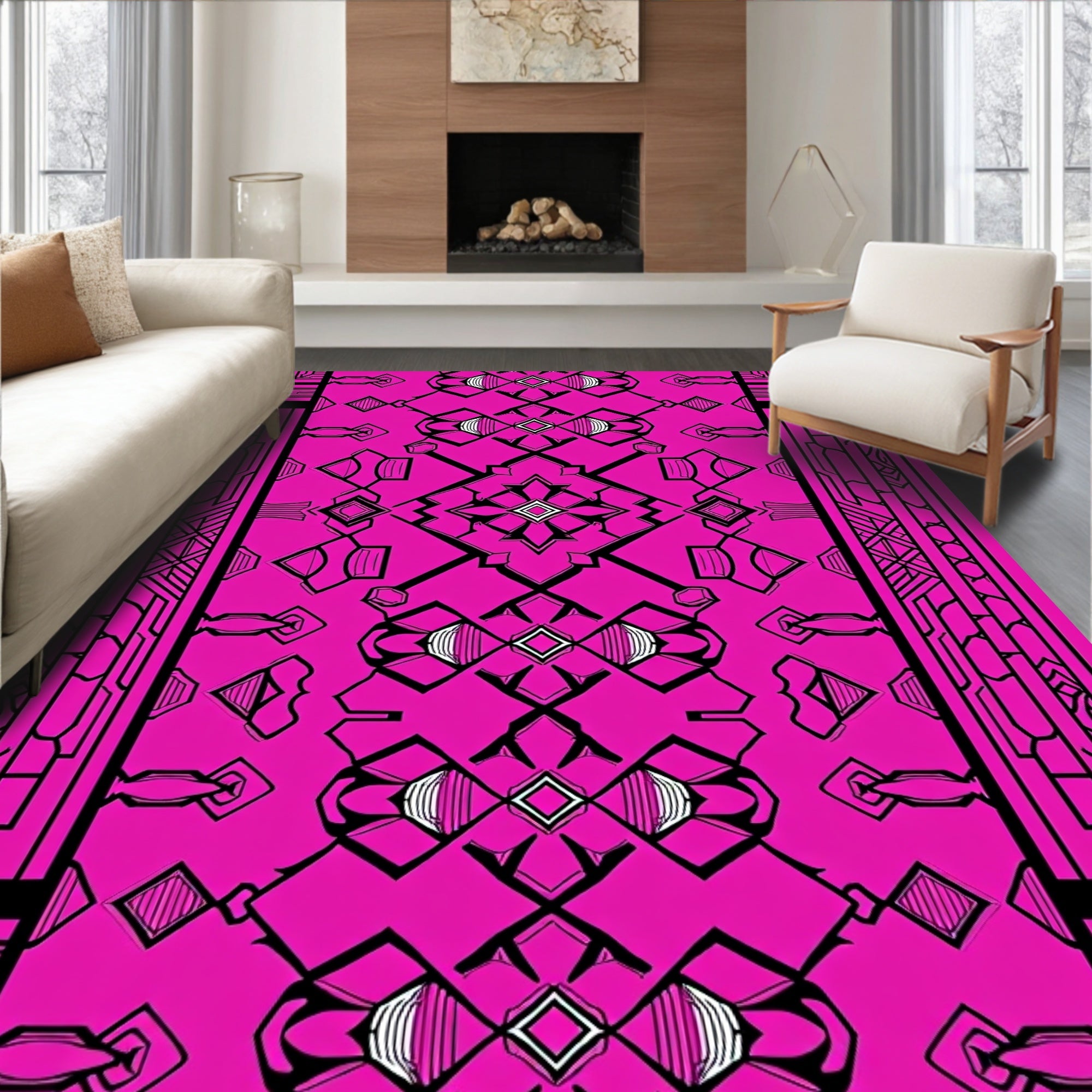 Vibrant Magenta Geometric Art Deco Repeating Rug