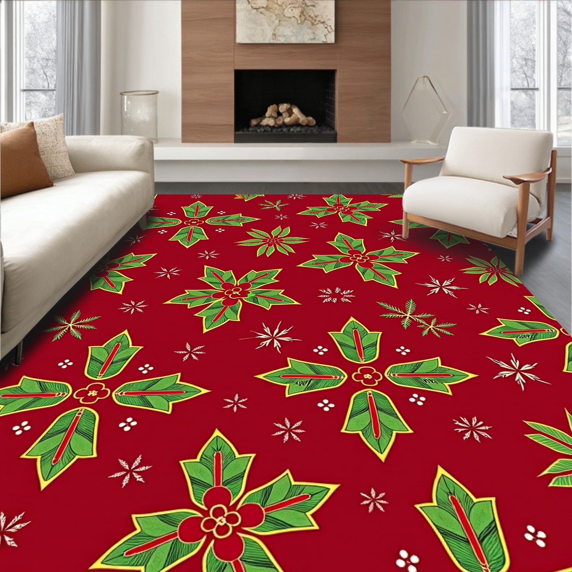 Red Green Poinsettia Floral Medallion Rug