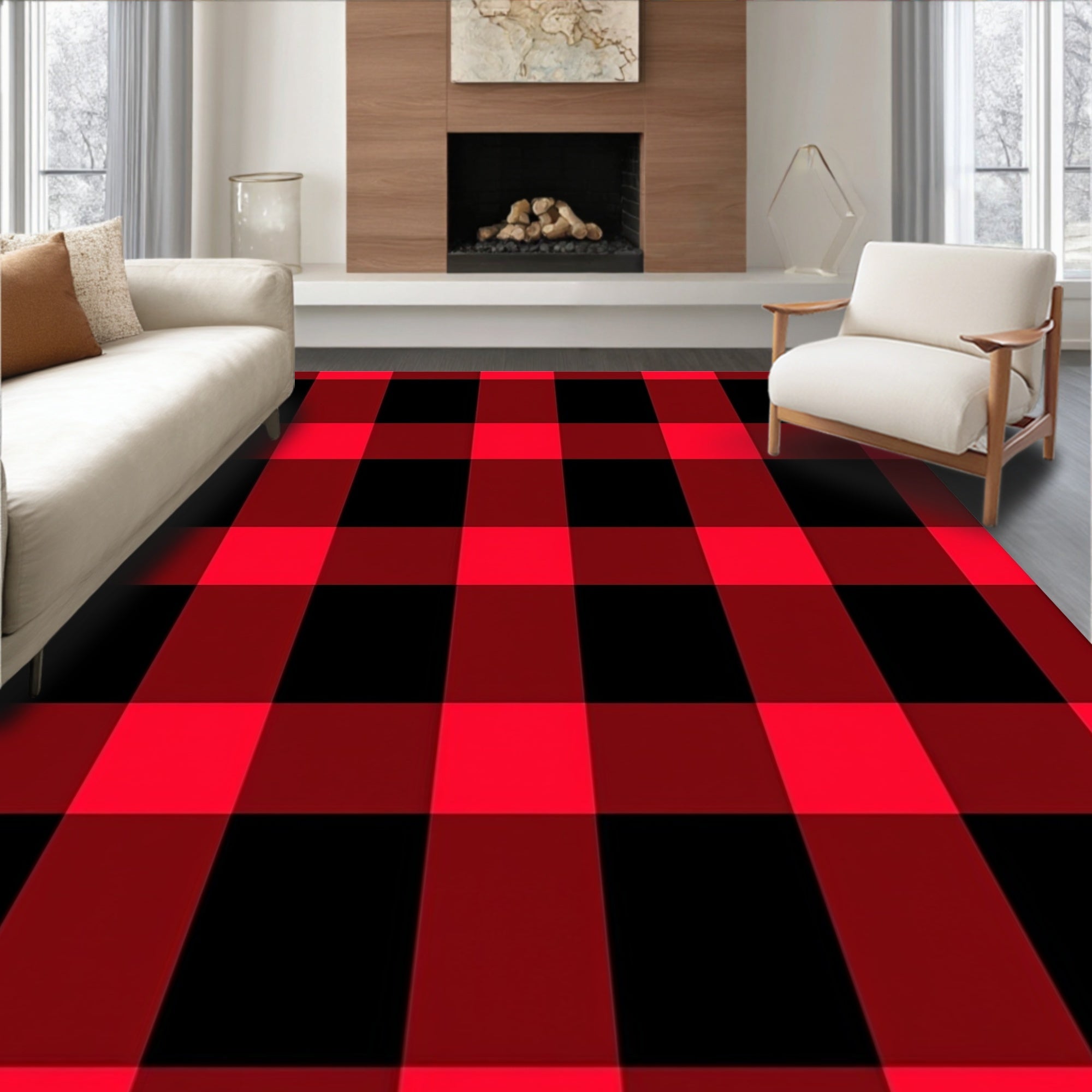 Bold Red Black Gingham Checkered Rug