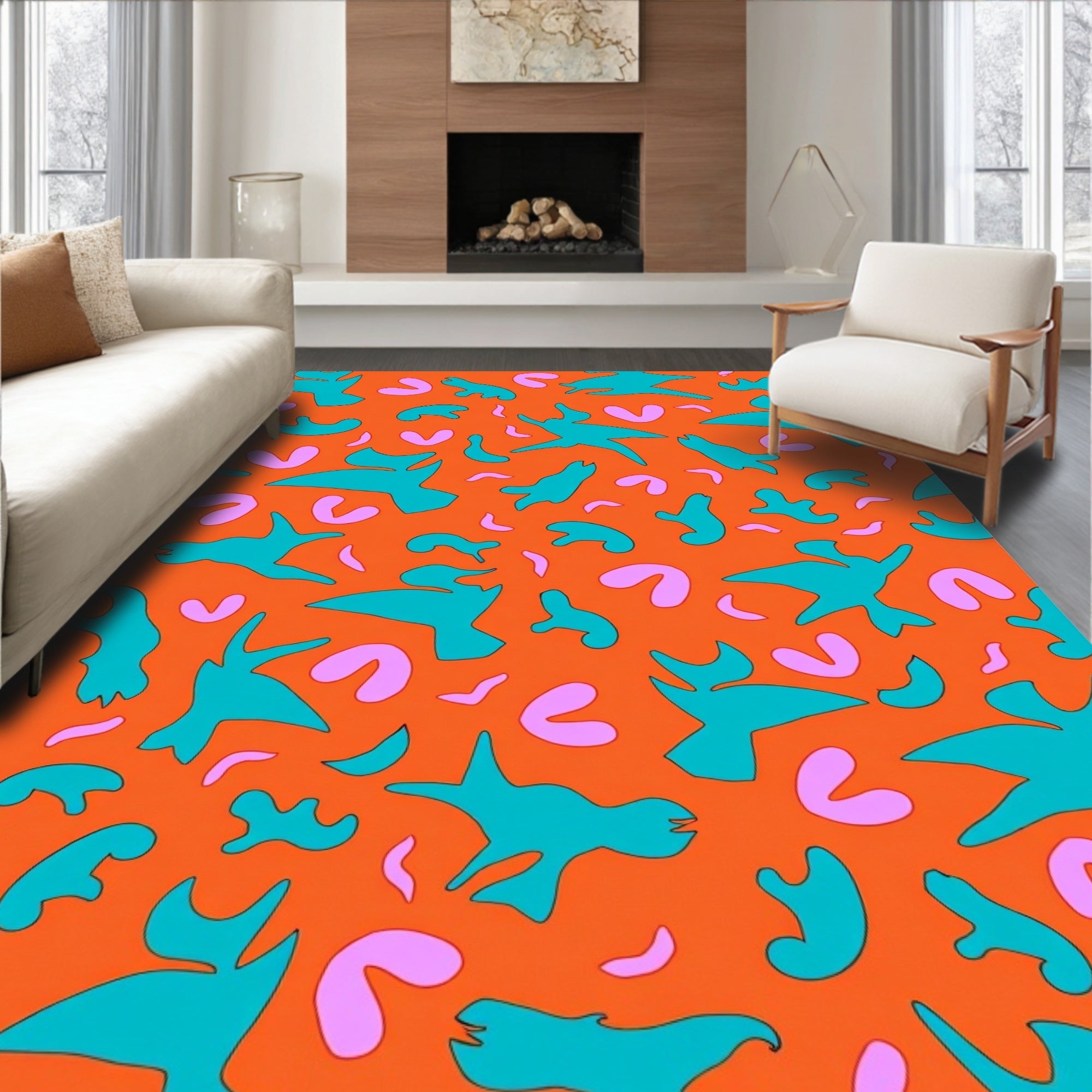 Retro Teal Birds Orange Pink Swirls Rug