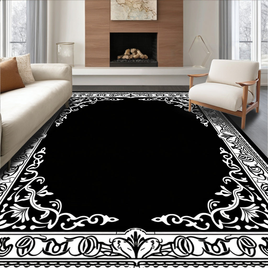 Elegant Black White Floral Border Frame Rug