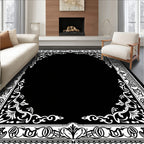 Elegant Black White Floral Border Frame Rug
