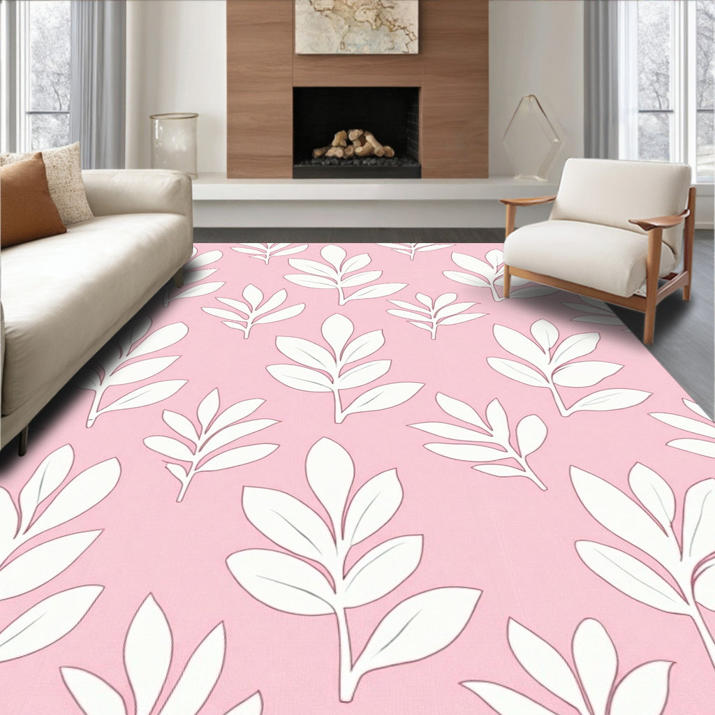 Blush Pink White Leafy Branch Repeat Rug