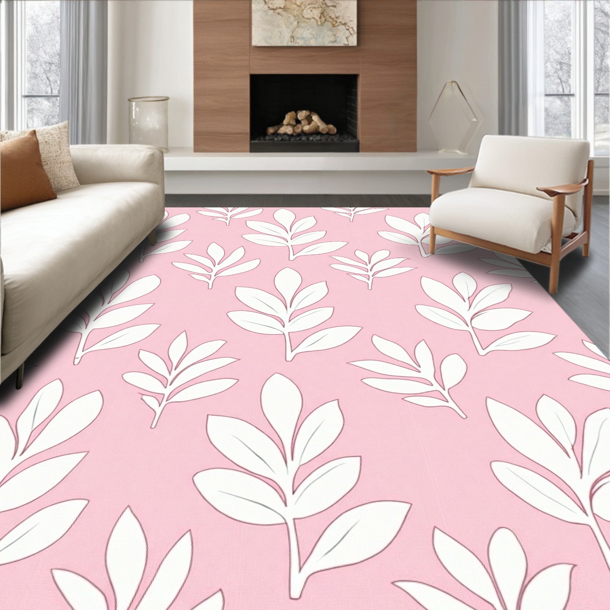 Blush Pink White Leafy Branch Repeat Rug