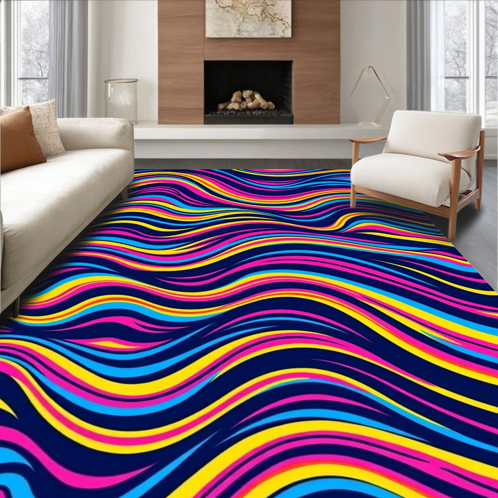 Vibrant Abstract Blue Yellow Pink Waves Rug