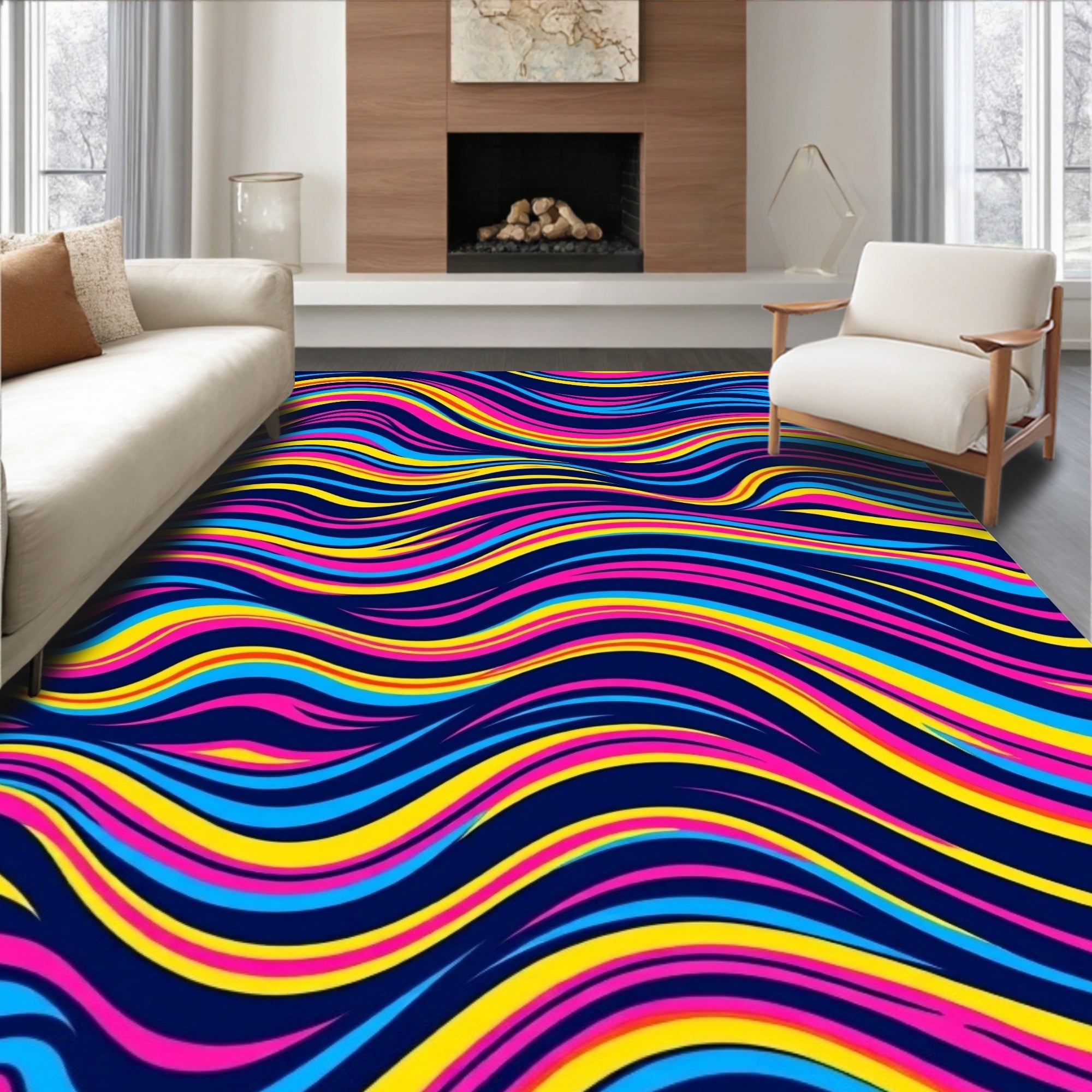 Vibrant Abstract Blue Yellow Pink Waves Rug