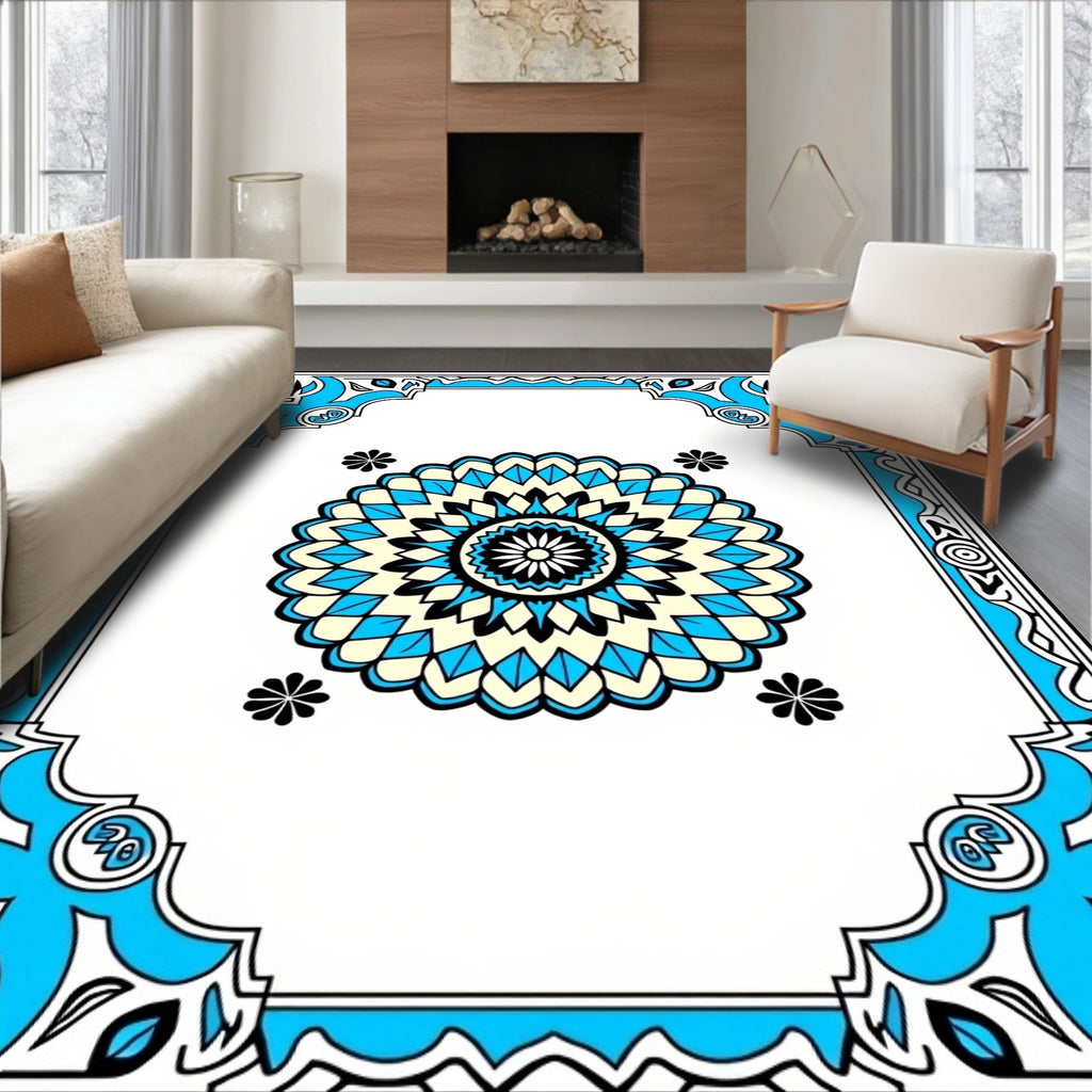 Bright Blue Medallion With Floral Accents Rug