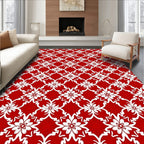 Vibrant Red White Floral Damask Rug