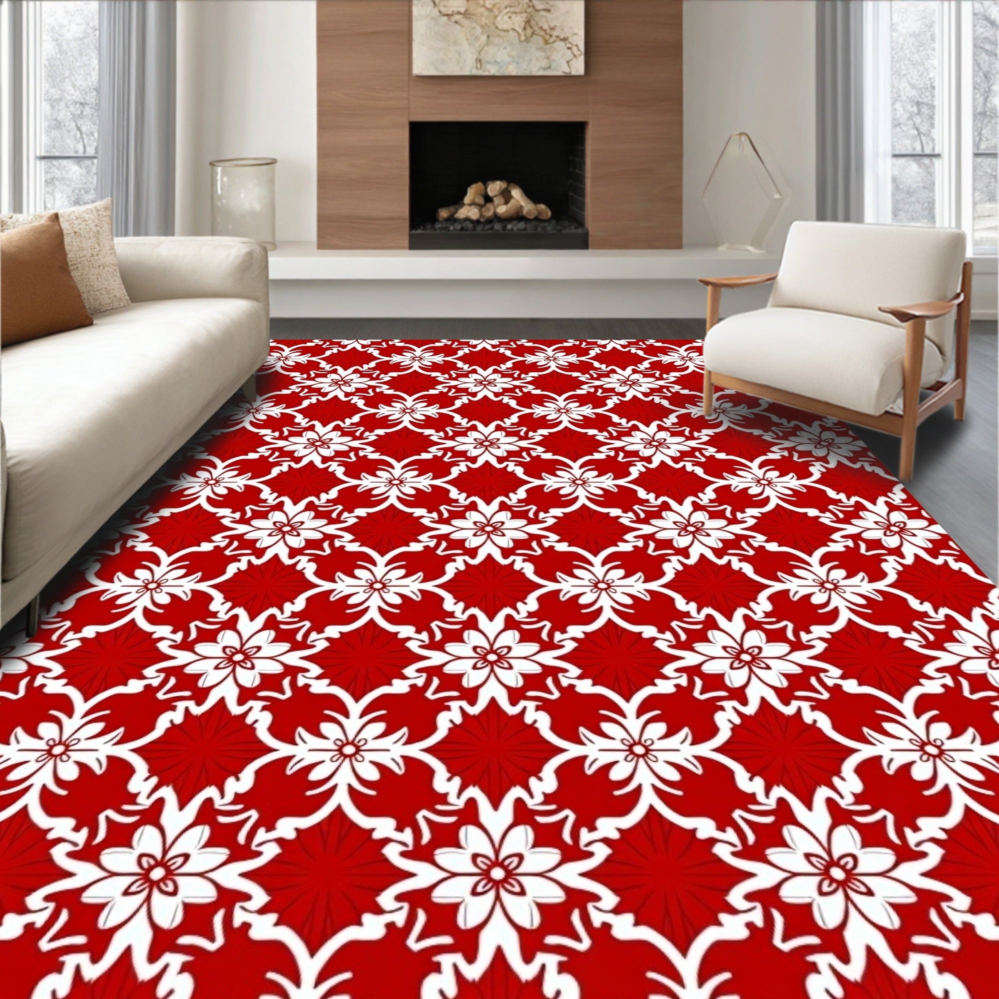 Vibrant Red White Floral Damask Rug