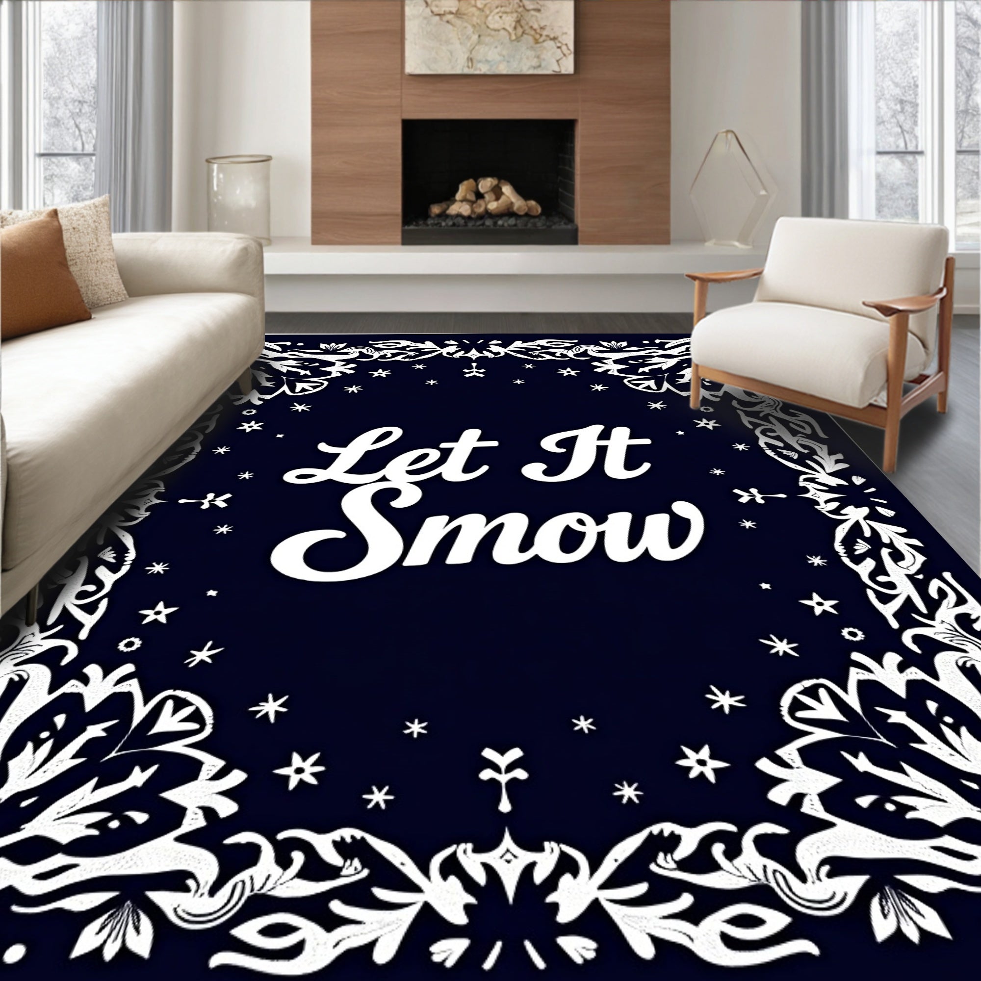 Ornate White Flourish Navy Snowflakes Rug