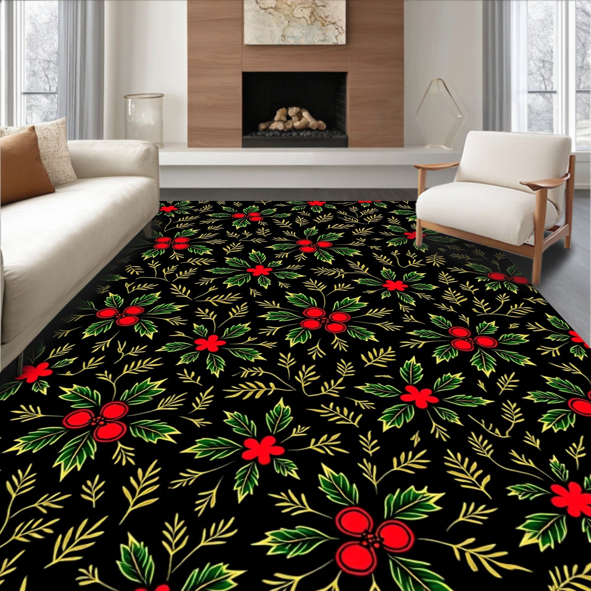 Festive Holly Berry Botanical Arrangement Rug