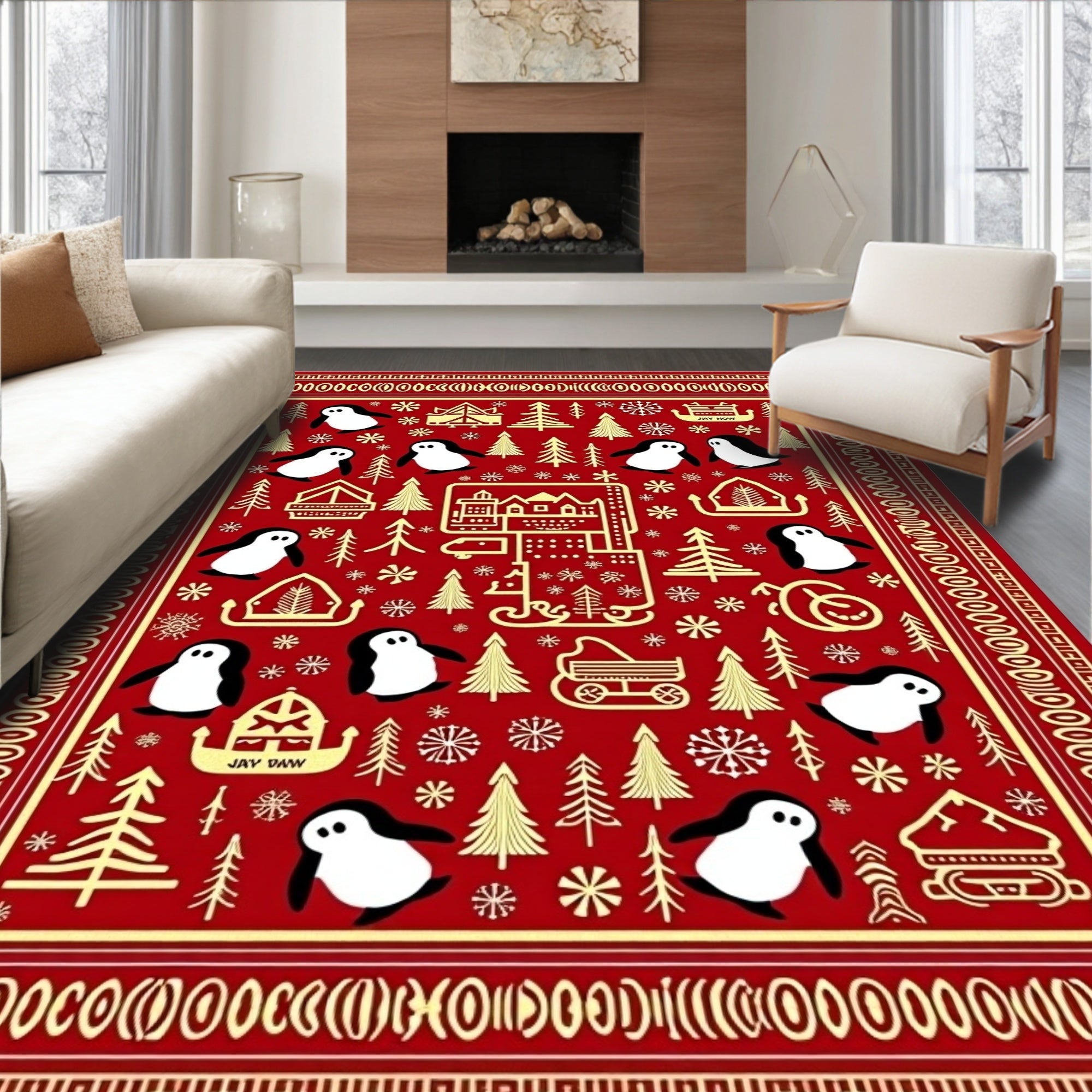 Red Gold Penguin Christmas Trees Rug