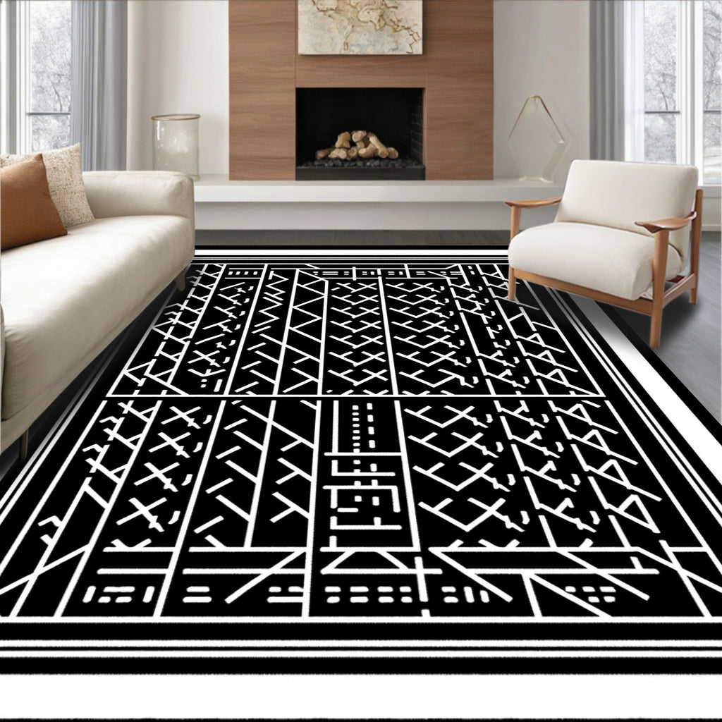 Black and White Geometric Maze Layout Rug