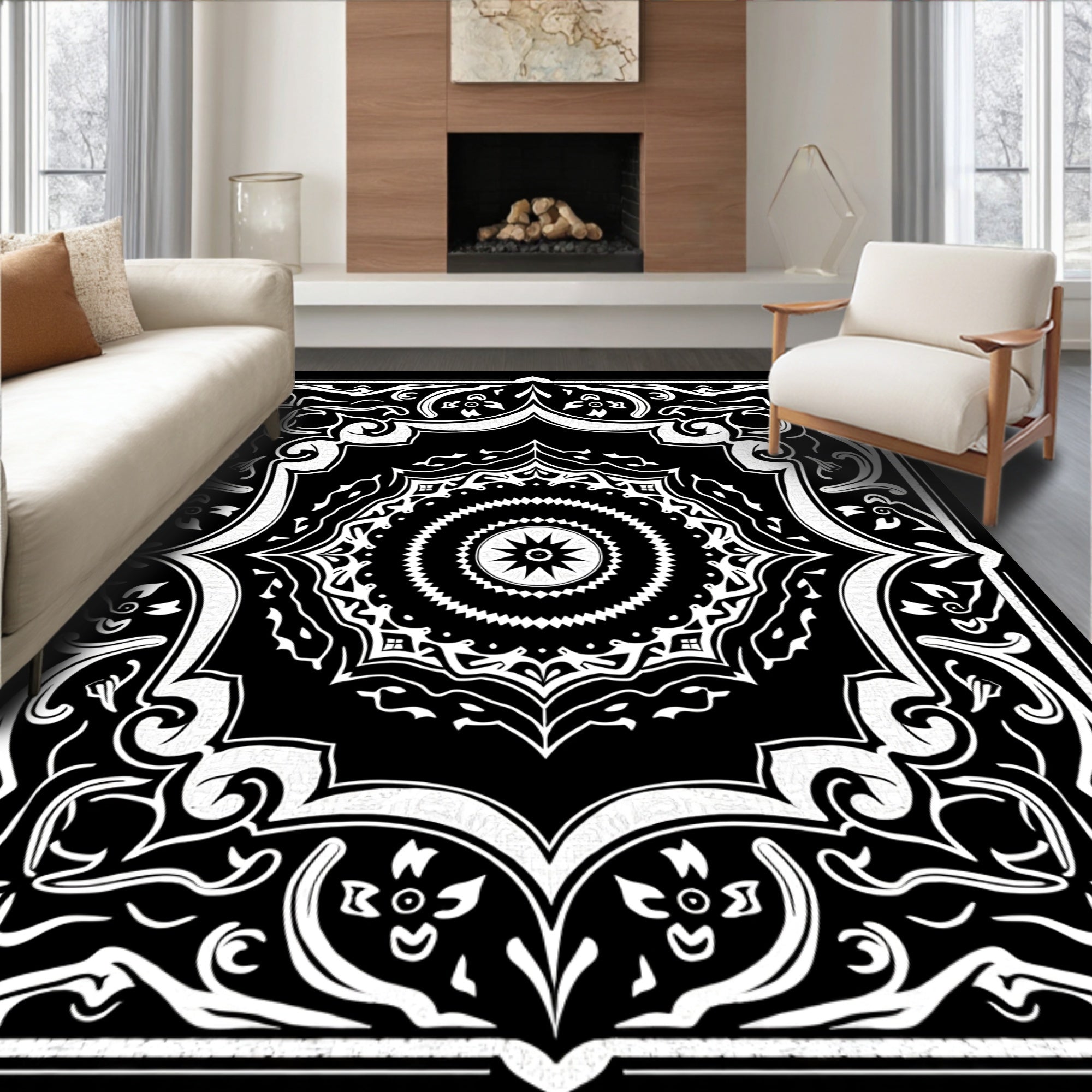 Classic Black White Mandala Ornament Rug