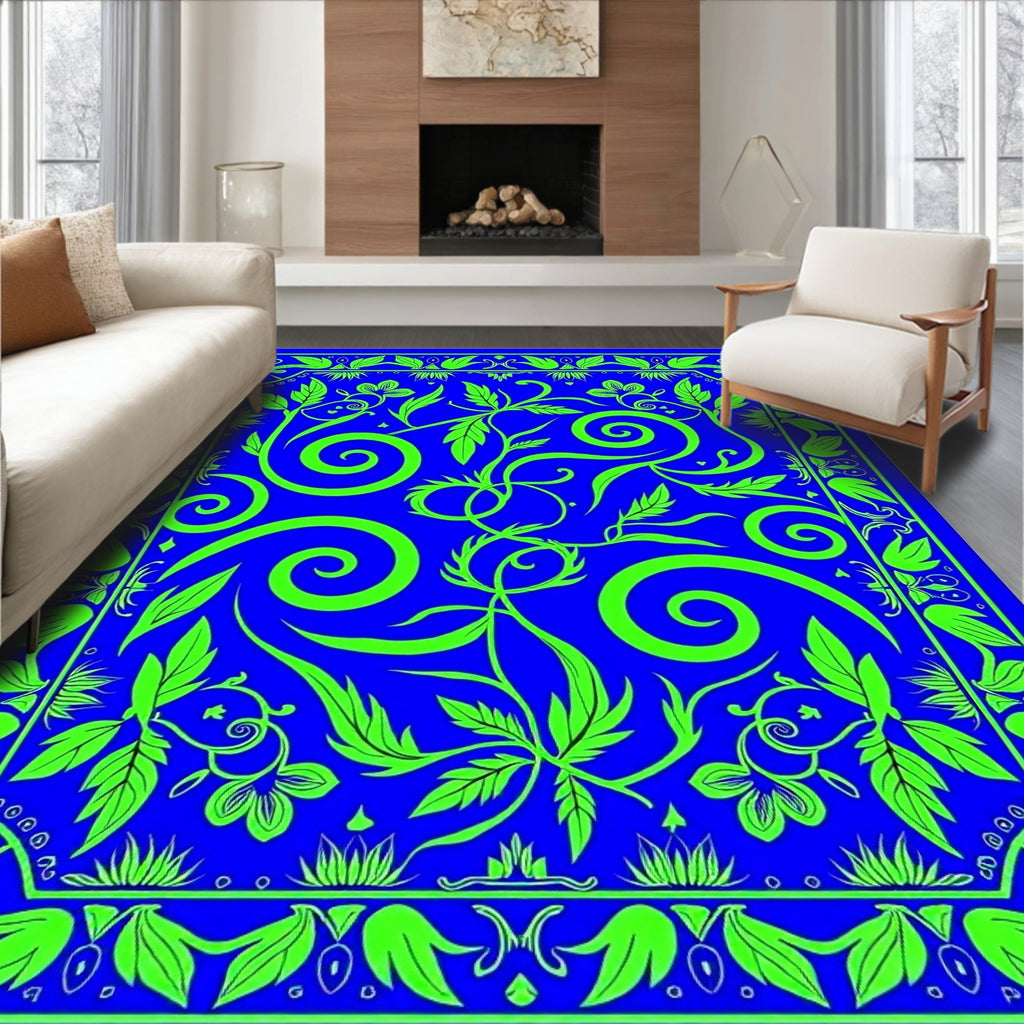 Electric Blue Lime Green Floral Swirl Rug
