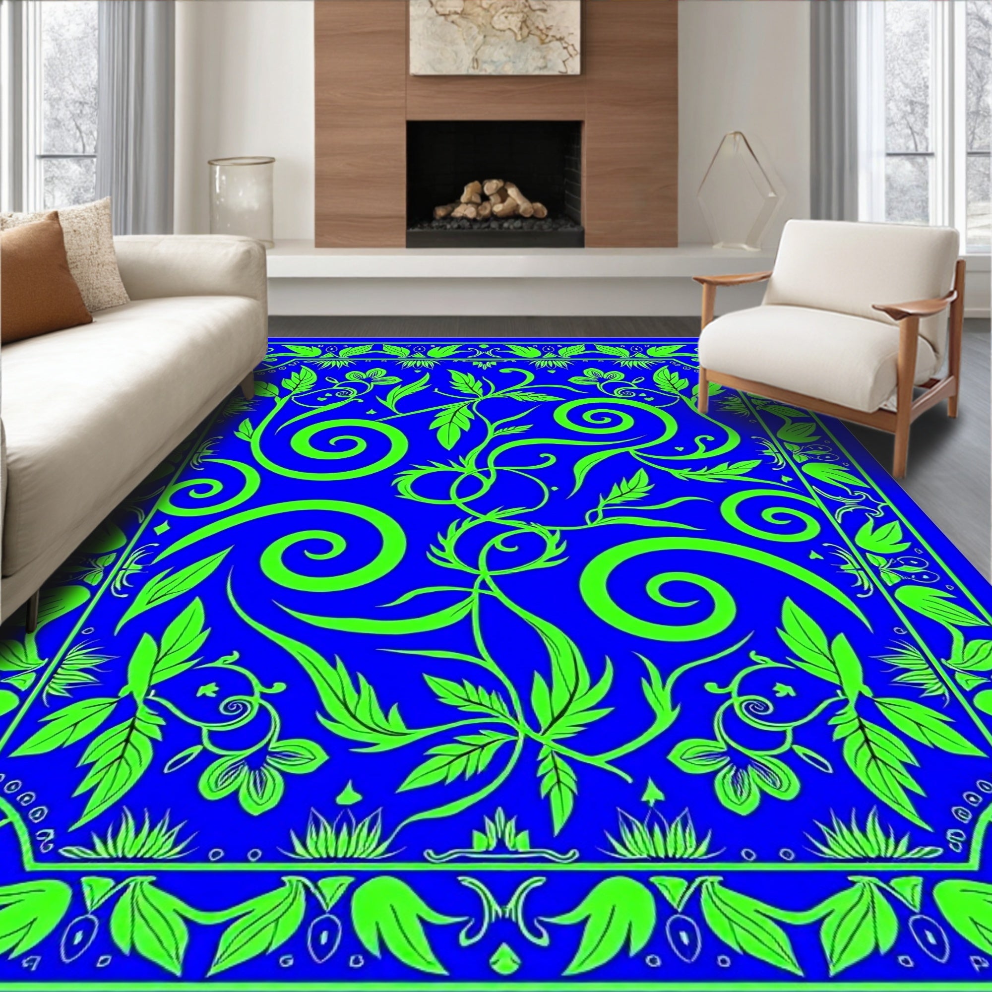 Electric Blue Lime Green Floral Swirl Rug