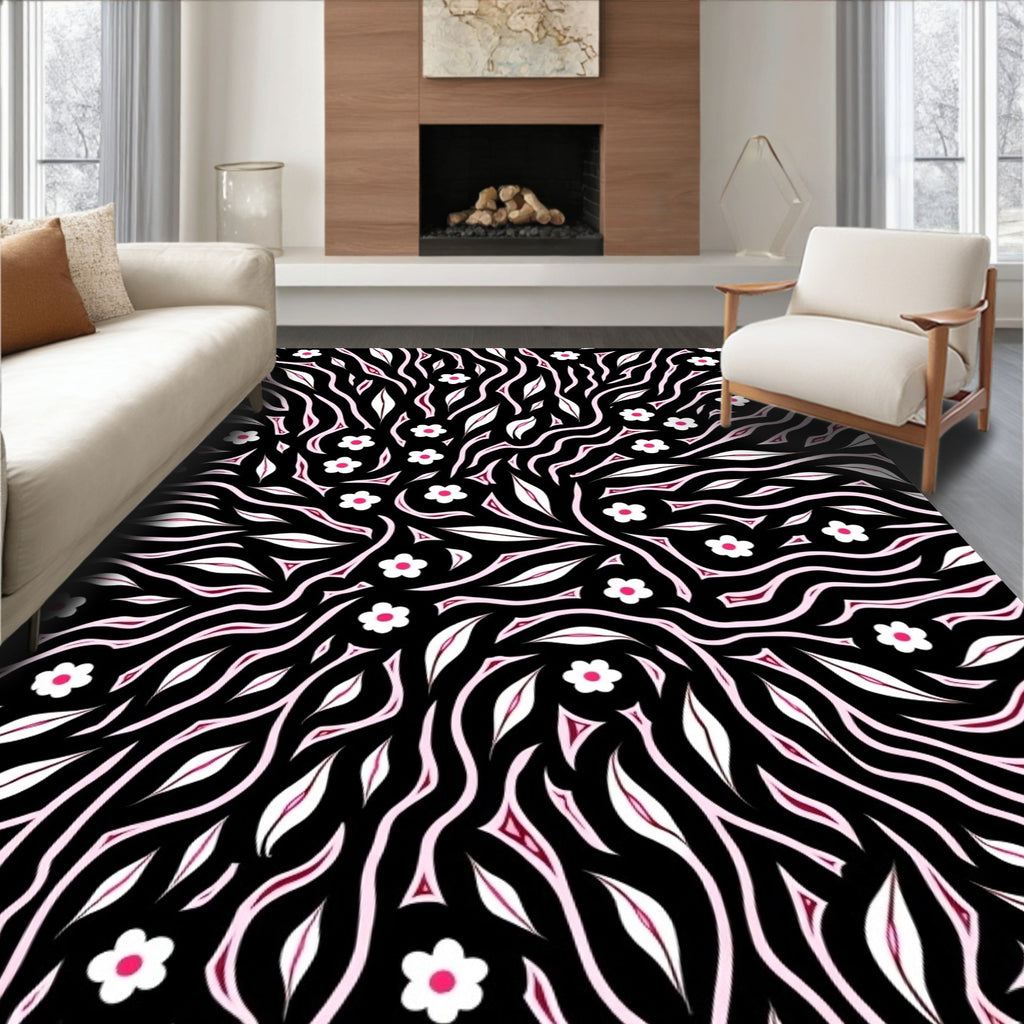 Black Pink White Floral Waves Rug