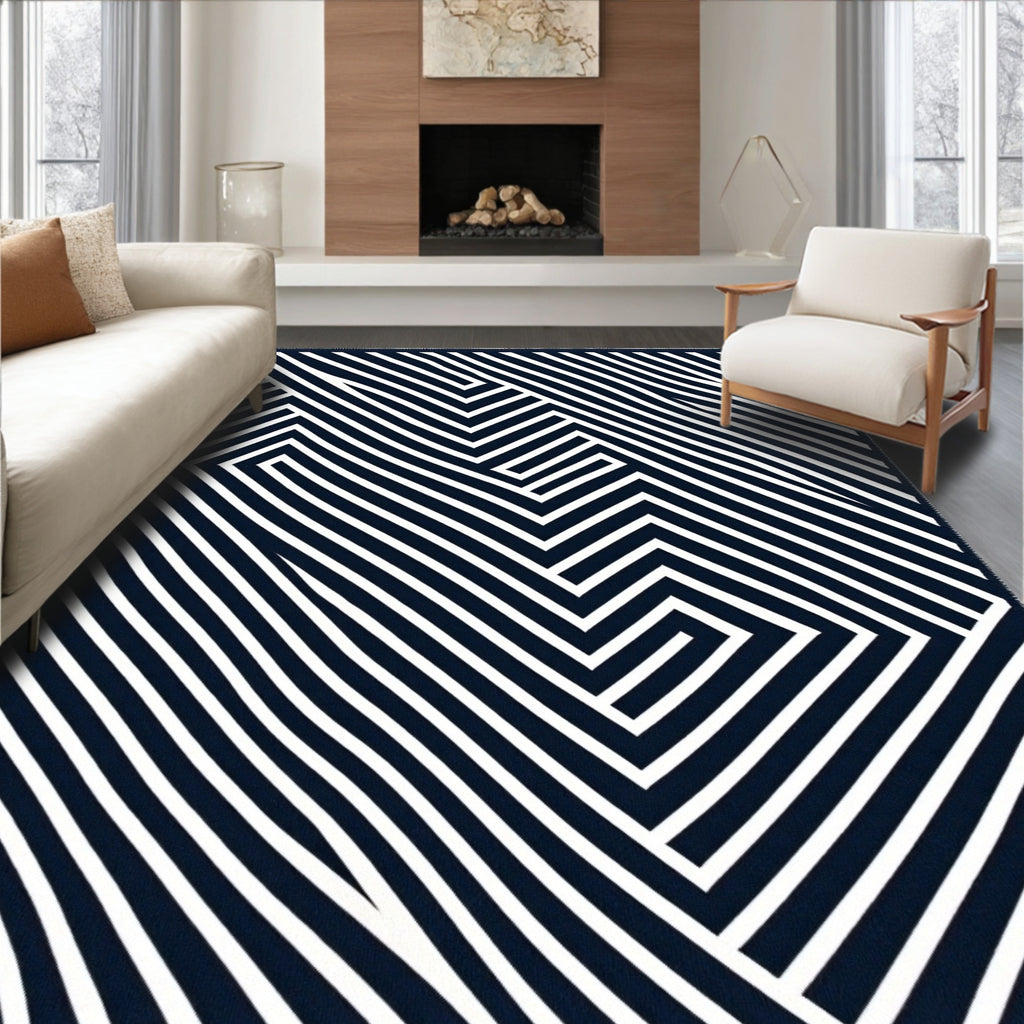 Navy White Geometric Maze Lines Rug