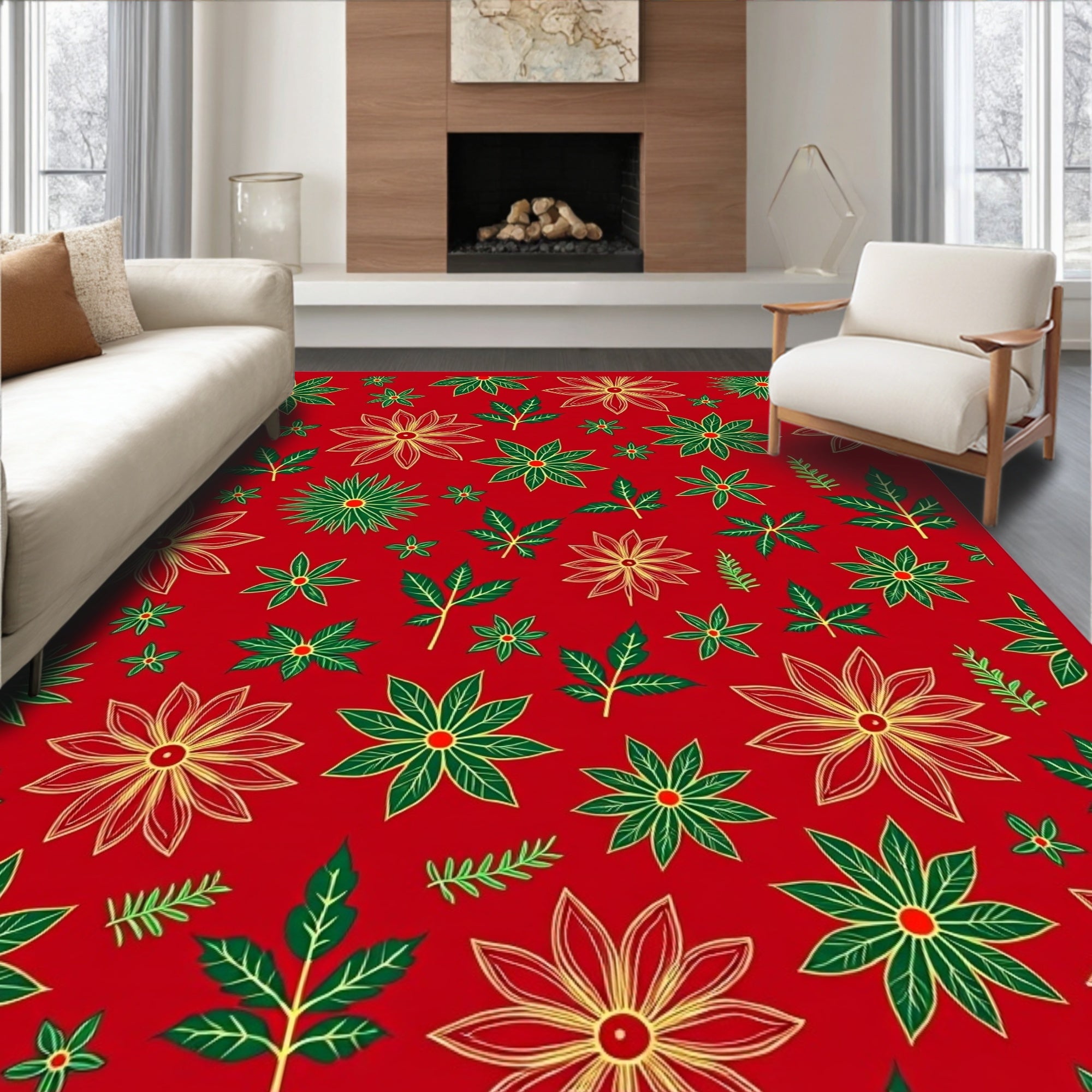 Red Floral Poinsettia Starburst Arrangement Rug