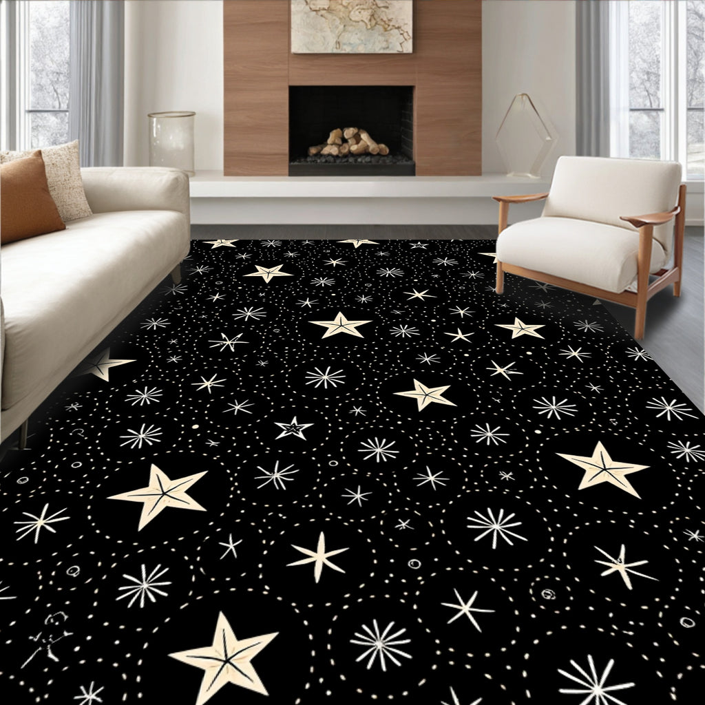 Cosmic Black Cream Starburst Circles Rug