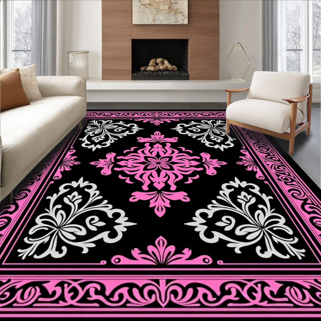 Bright Pink White Floral Medallion Brocade Rug